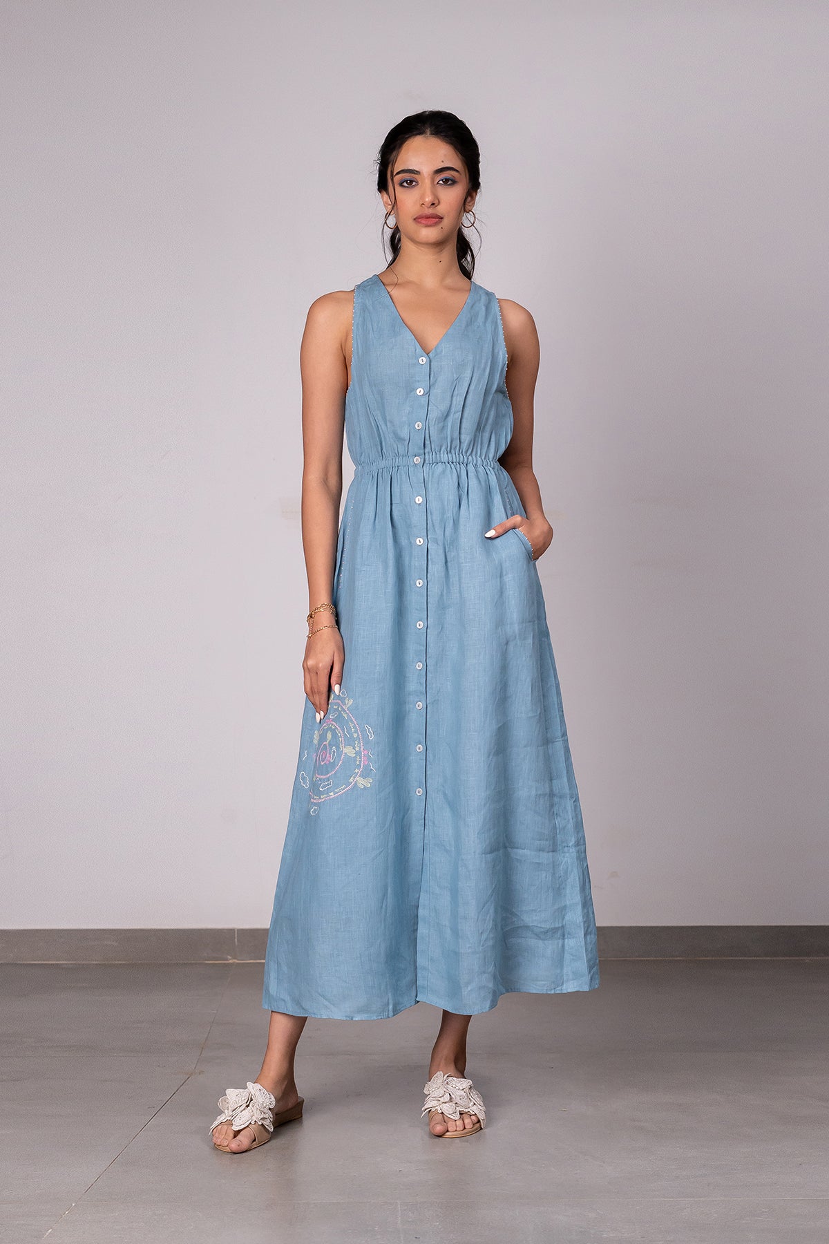 Emilia Linen Sleeveless Elastic Waist Long Dress - Icy Blue