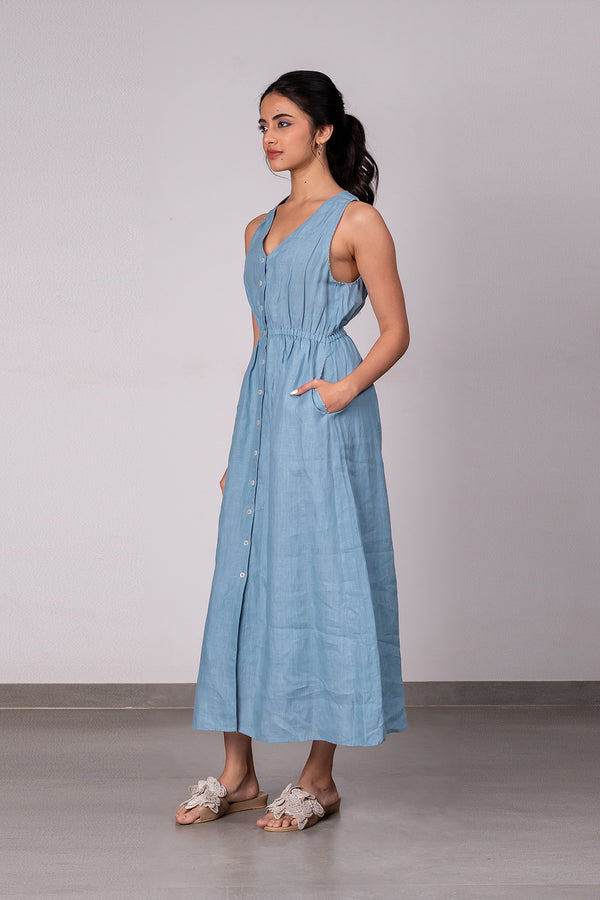 Emilia Linen Sleeveless Elastic Waist Long Dress - Icy Blue