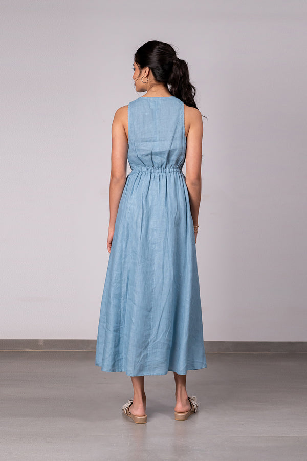 Emilia Linen Sleeveless Elastic Waist Long Dress - Icy Blue