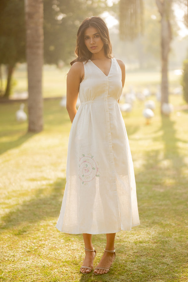 Emilia Linen Sleeveless Elastic Waist Long Dress - Off - White