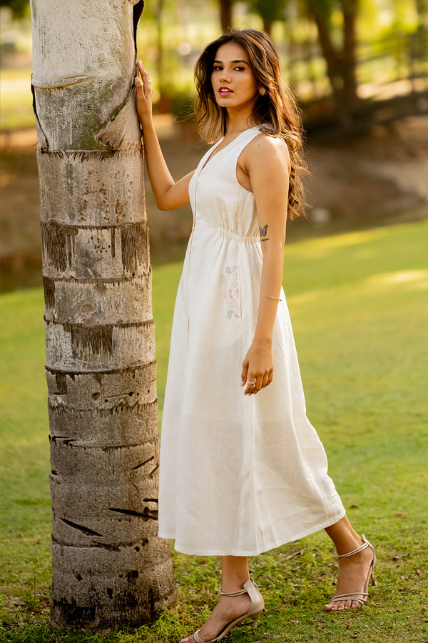 Emilia Linen Sleeveless Elastic Waist Long Dress - Off - White