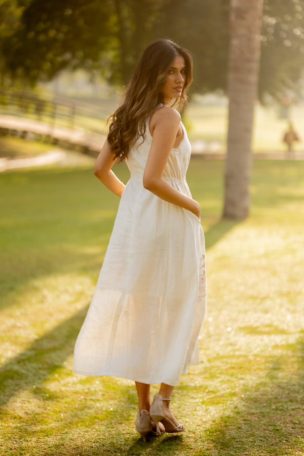 Emilia Linen Sleeveless Elastic Waist Long Dress - Off - White