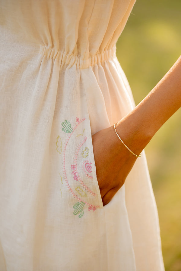 Emilia Linen Sleeveless Elastic Waist Long Dress - Off - White