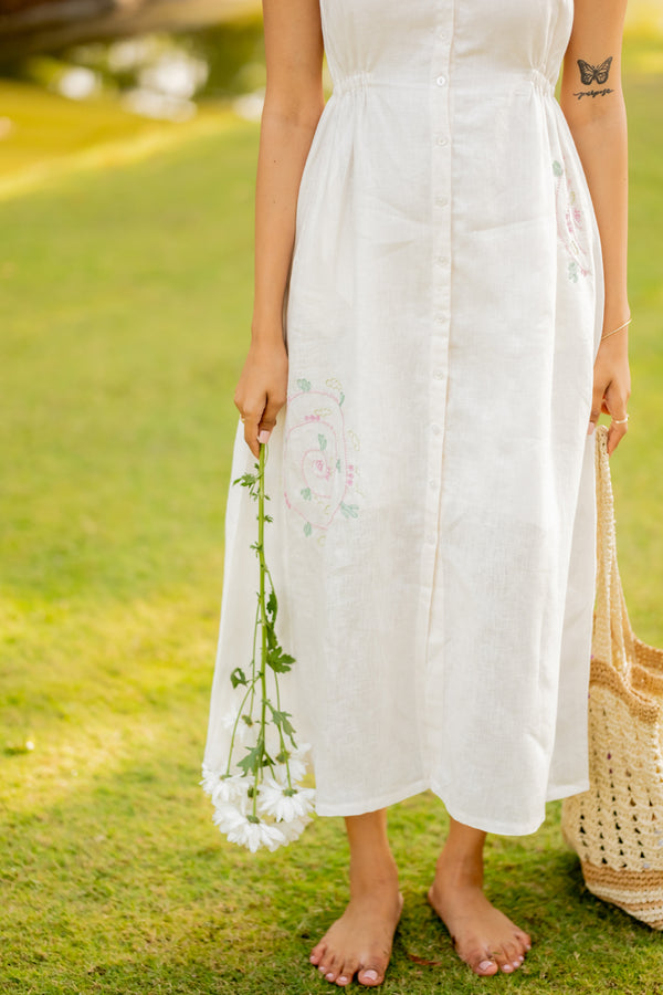 Emilia Linen Sleeveless Elastic Waist Long Dress - Off - White