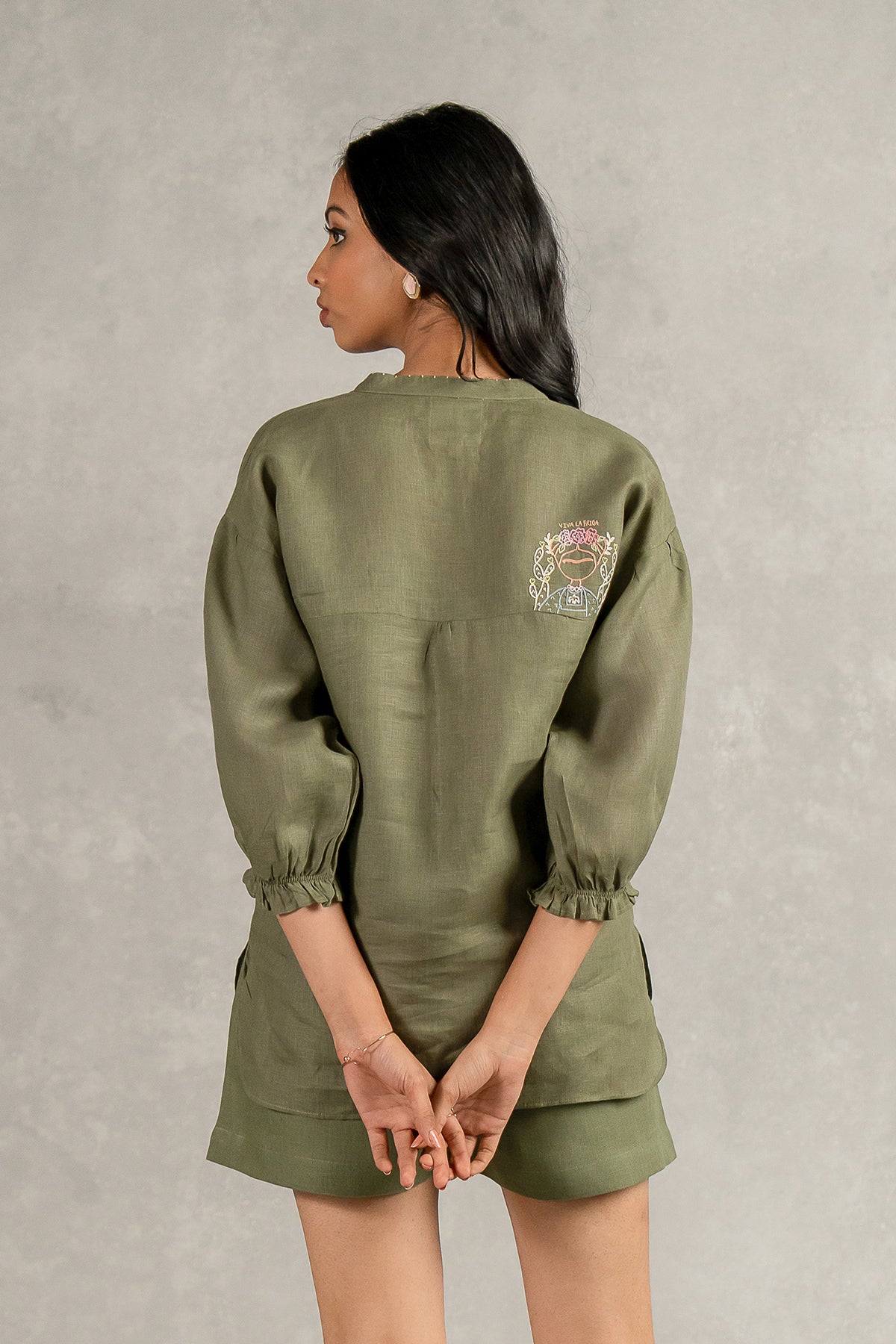 Emma Linen Shirt with Patch pocket - Olive Green