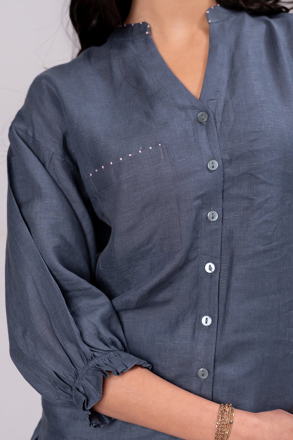 Emma Linen Shirtwith Patch Pocket – Charcoal Grey