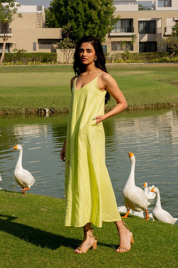 Felicia Linen Handkerchief Dress with pockets - Lime