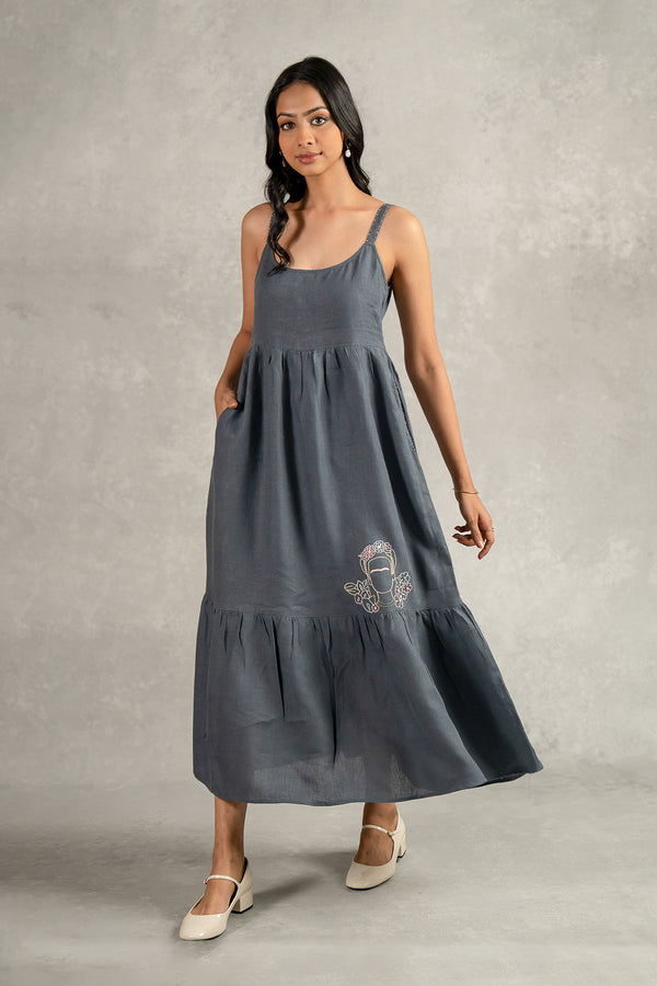 Florence Linen Strap Dress - Charcoal Grey