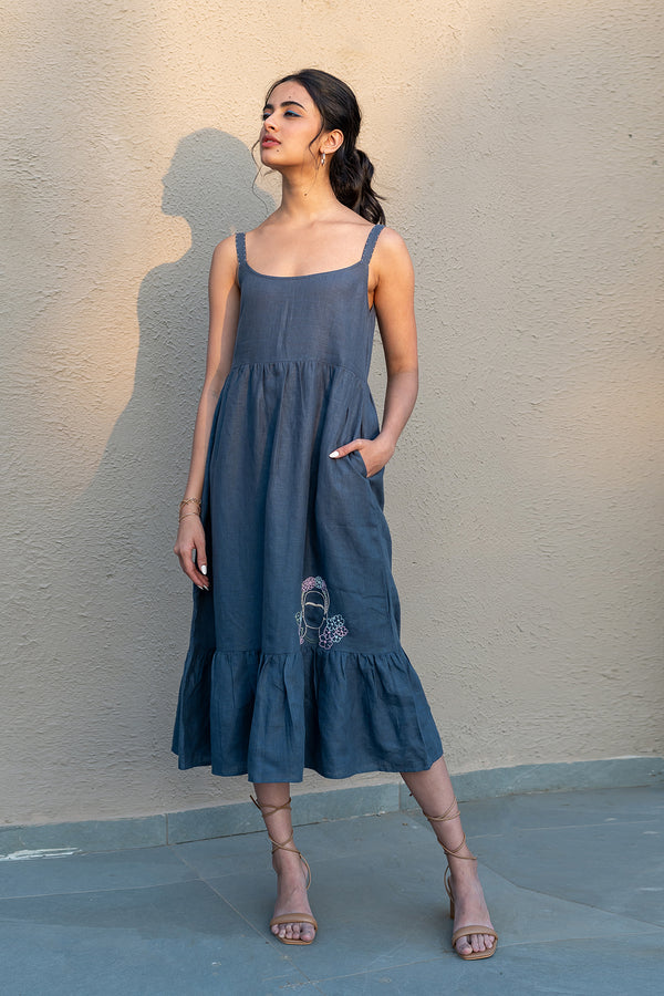 Florence Linen Strap Dress - Charcoal Grey