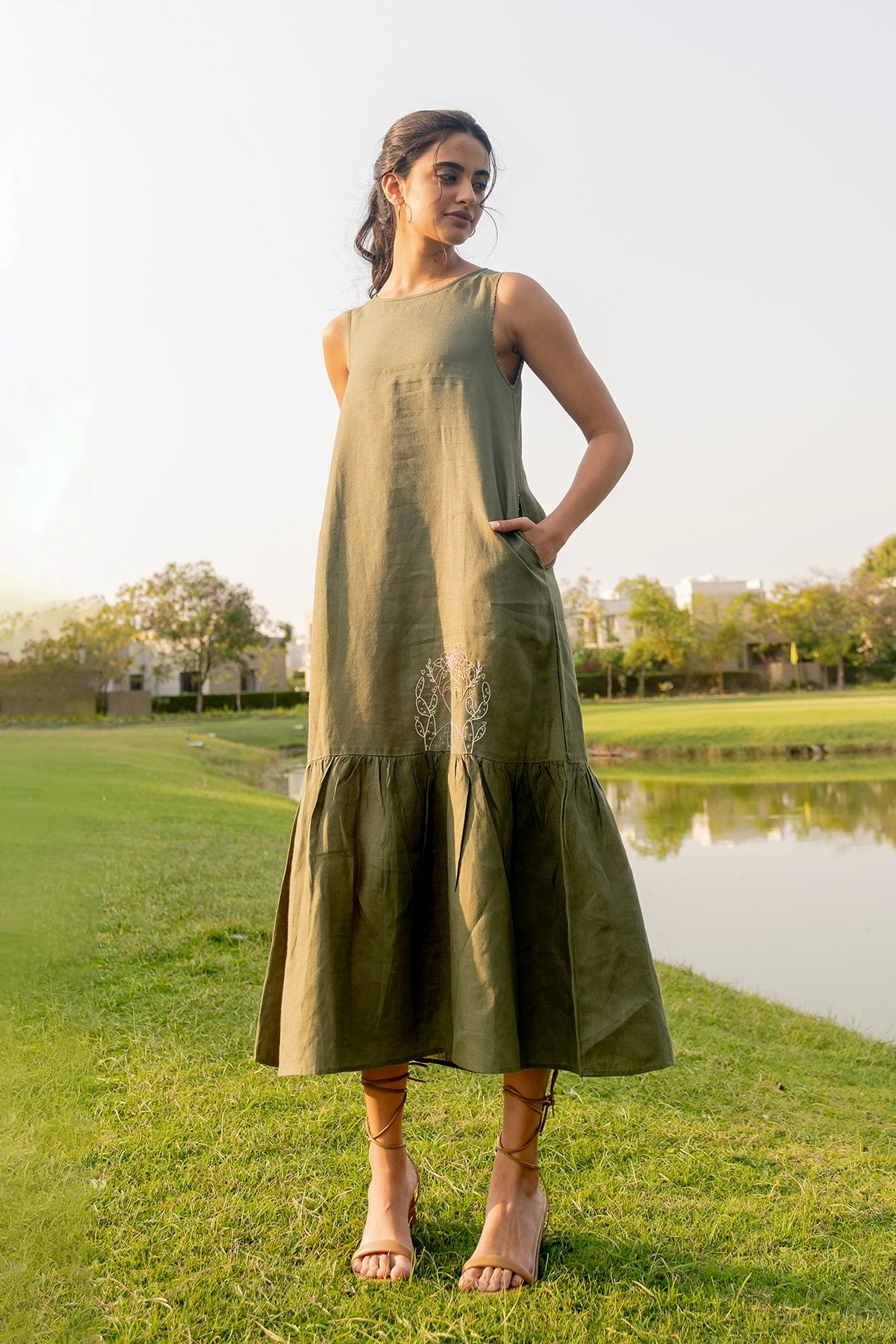 Frida Linen Sleeveless Long Dress - Olive Green