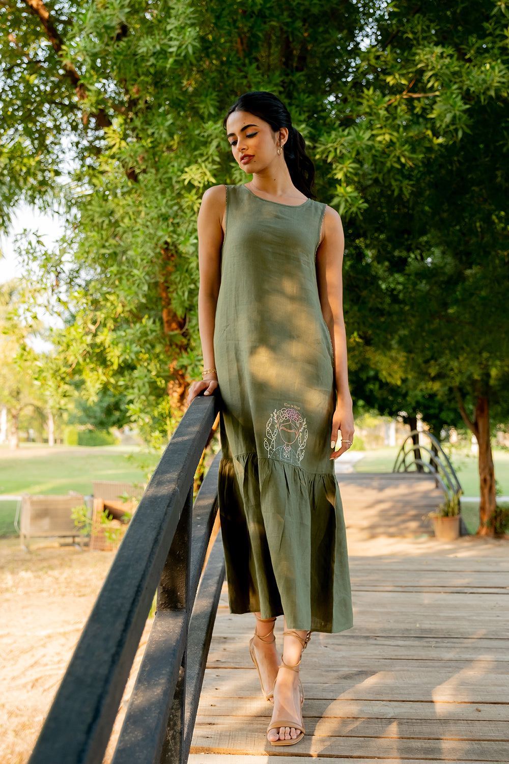 Frida Linen Sleeveless Long Dress - Olive Green