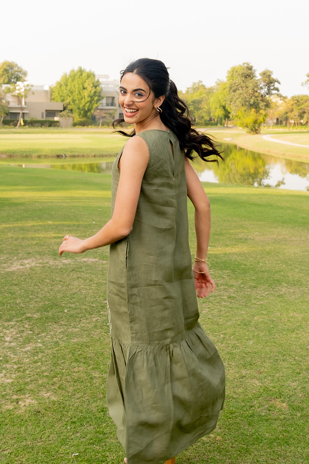 Frida Linen Sleeveless Long Dress - Olive Green