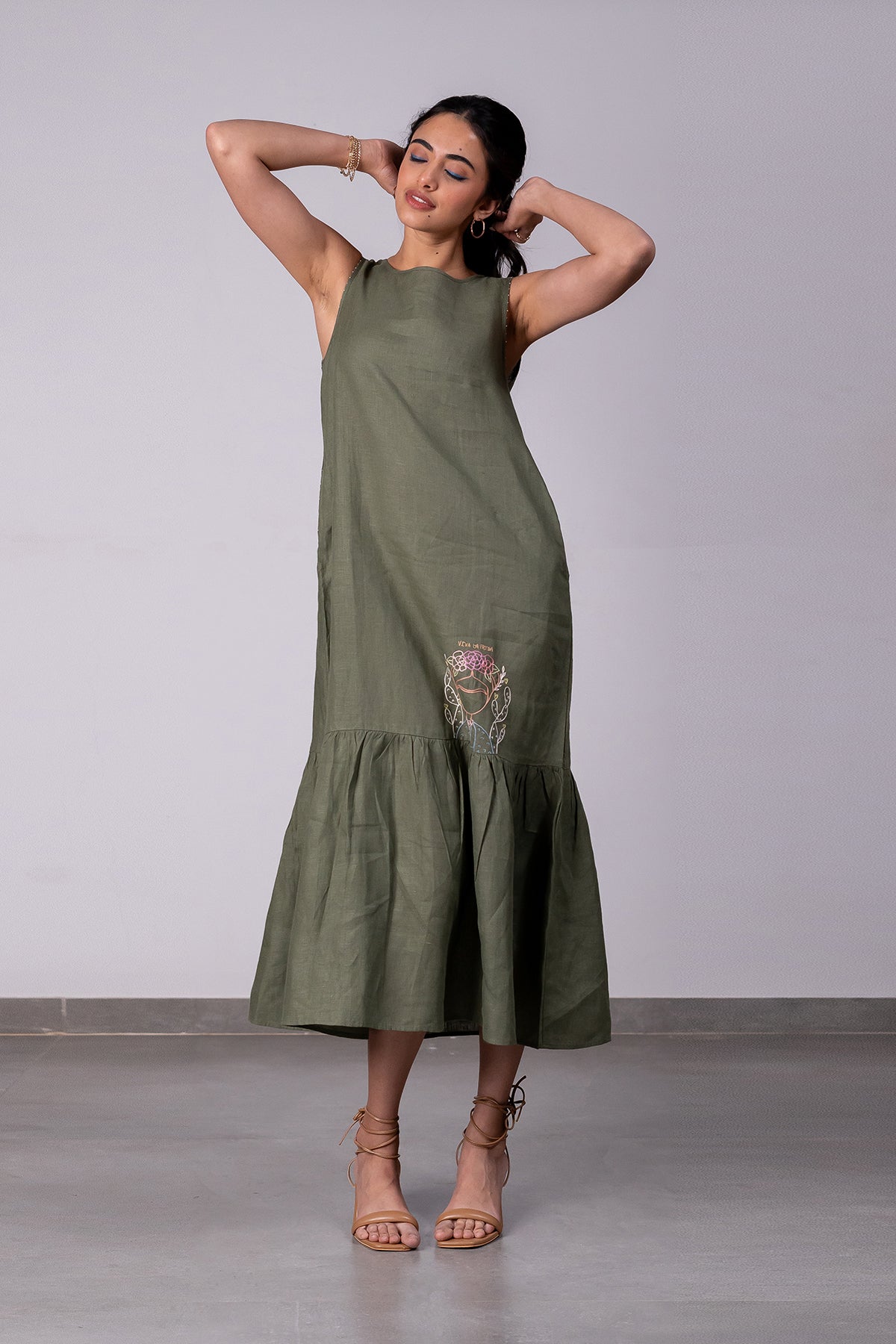Frida Linen Sleeveless Long Dress - Olive Green