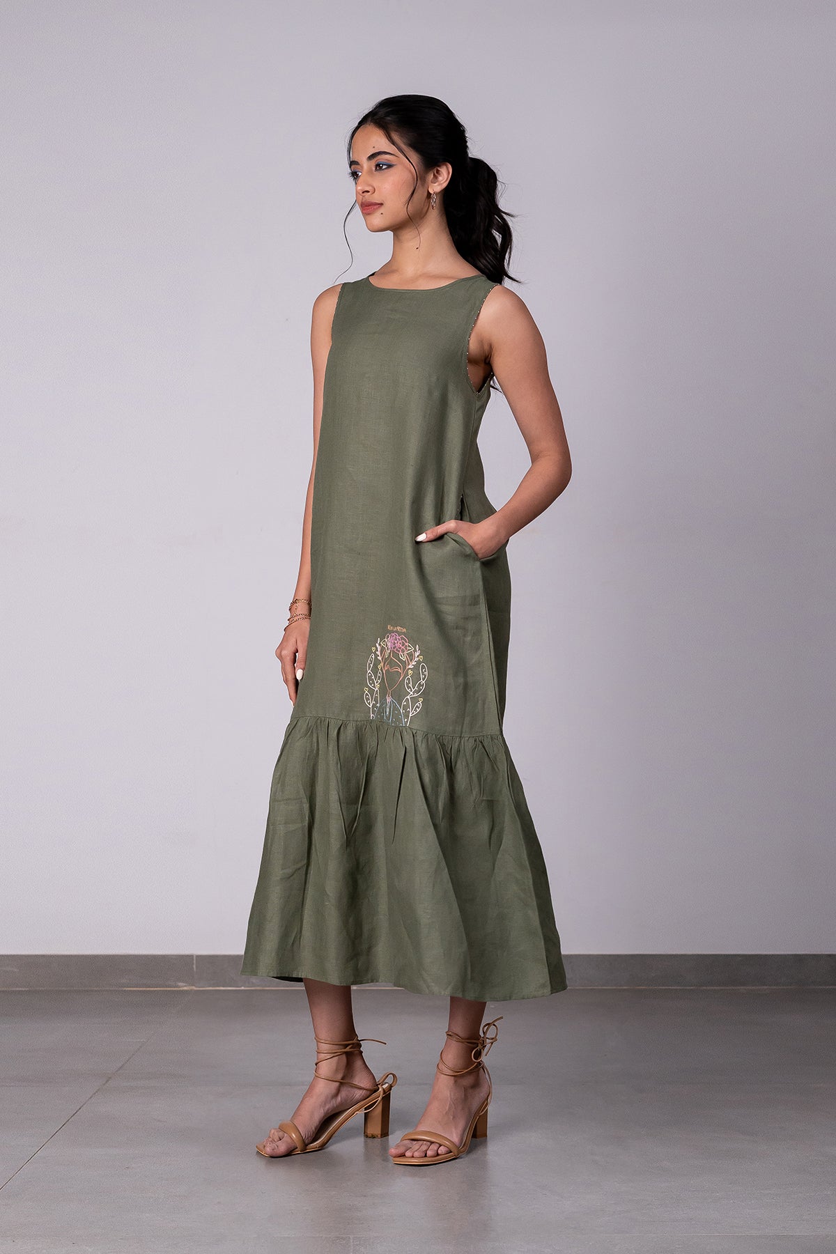 Frida Linen Sleeveless Long Dress - Olive Green