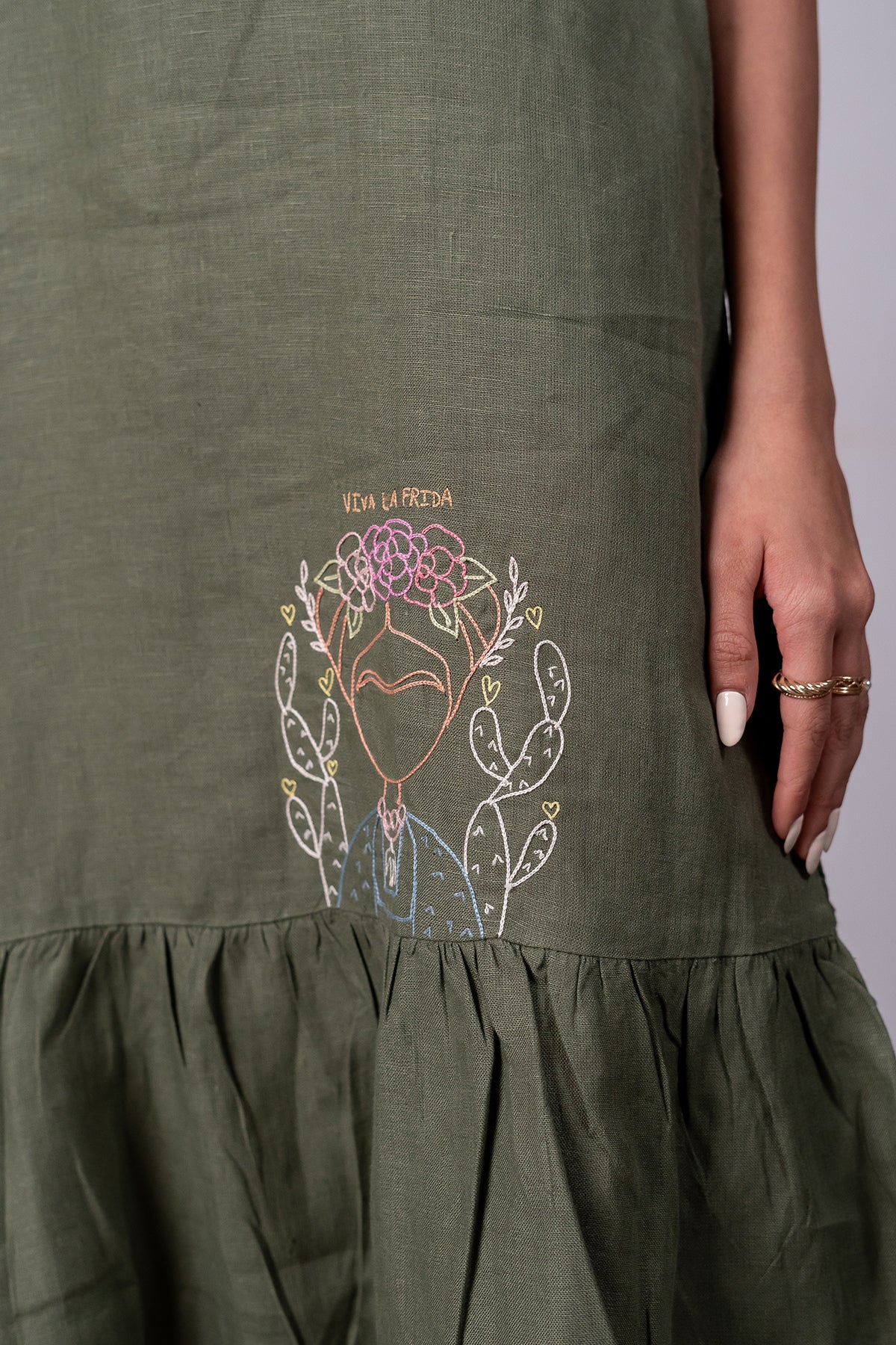 Frida Linen Sleeveless Long Dress - Olive Green
