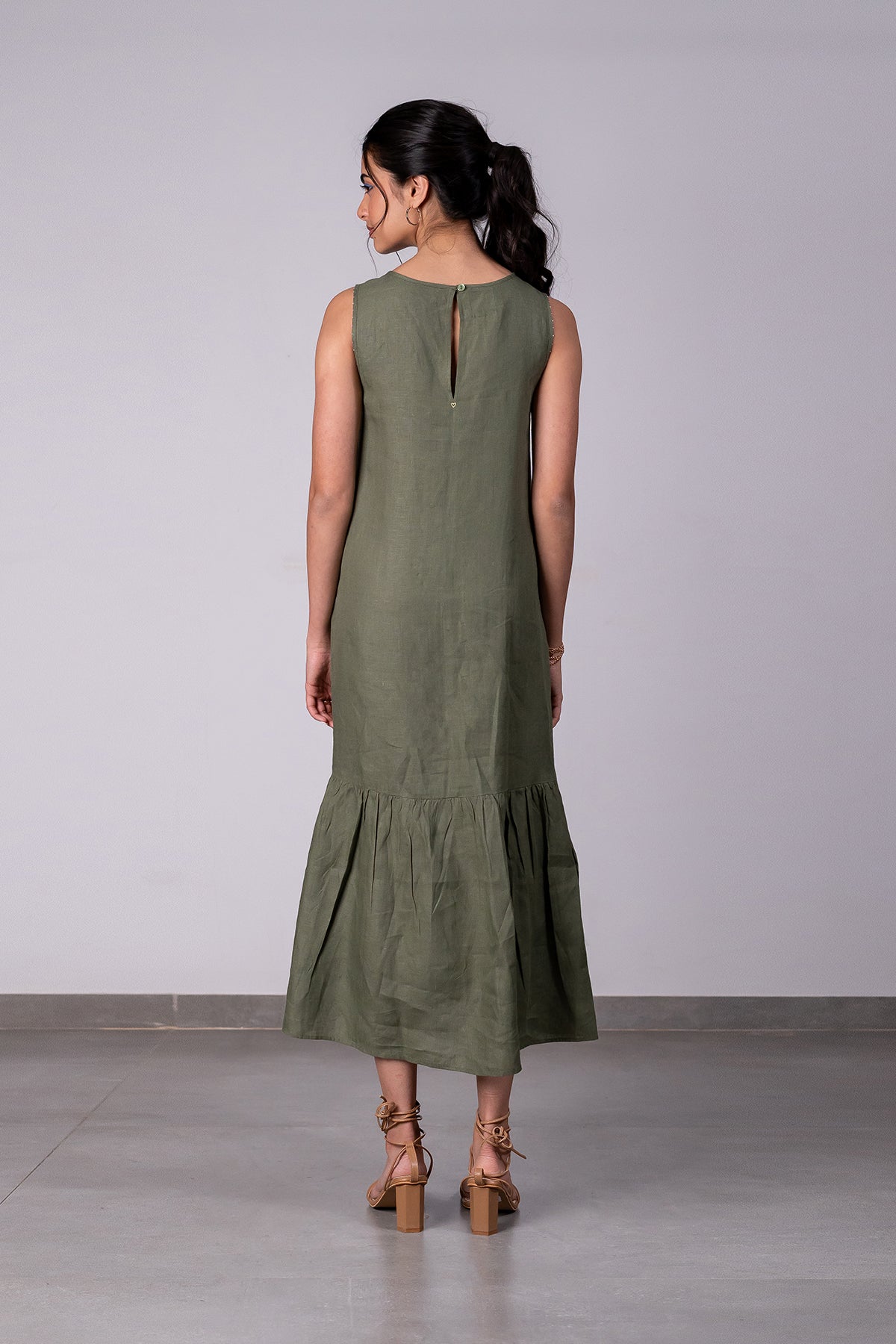 Frida Linen Sleeveless Long Dress - Olive Green