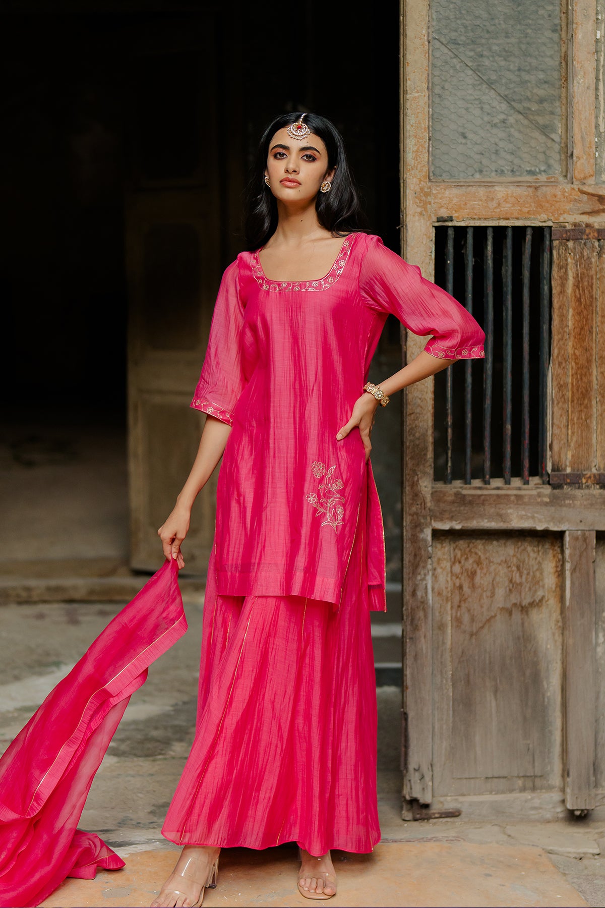 Gauraiya Chanderi Silk Kurta and Gharara Set - Pink