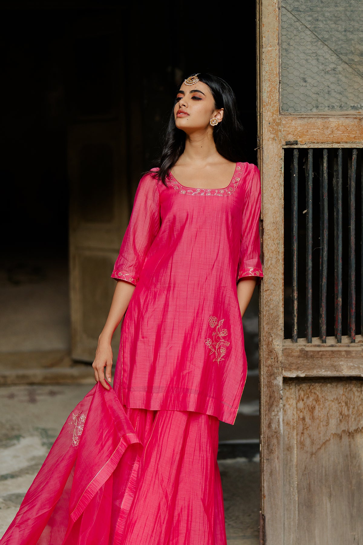 Gauraiya Chanderi Silk Kurta and Gharara Set - Pink