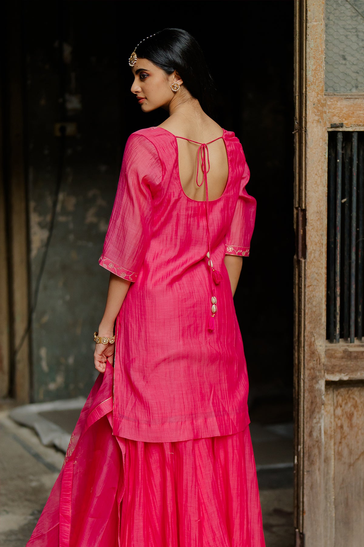 Gauraiya Chanderi Silk Kurta and Gharara Set - Pink