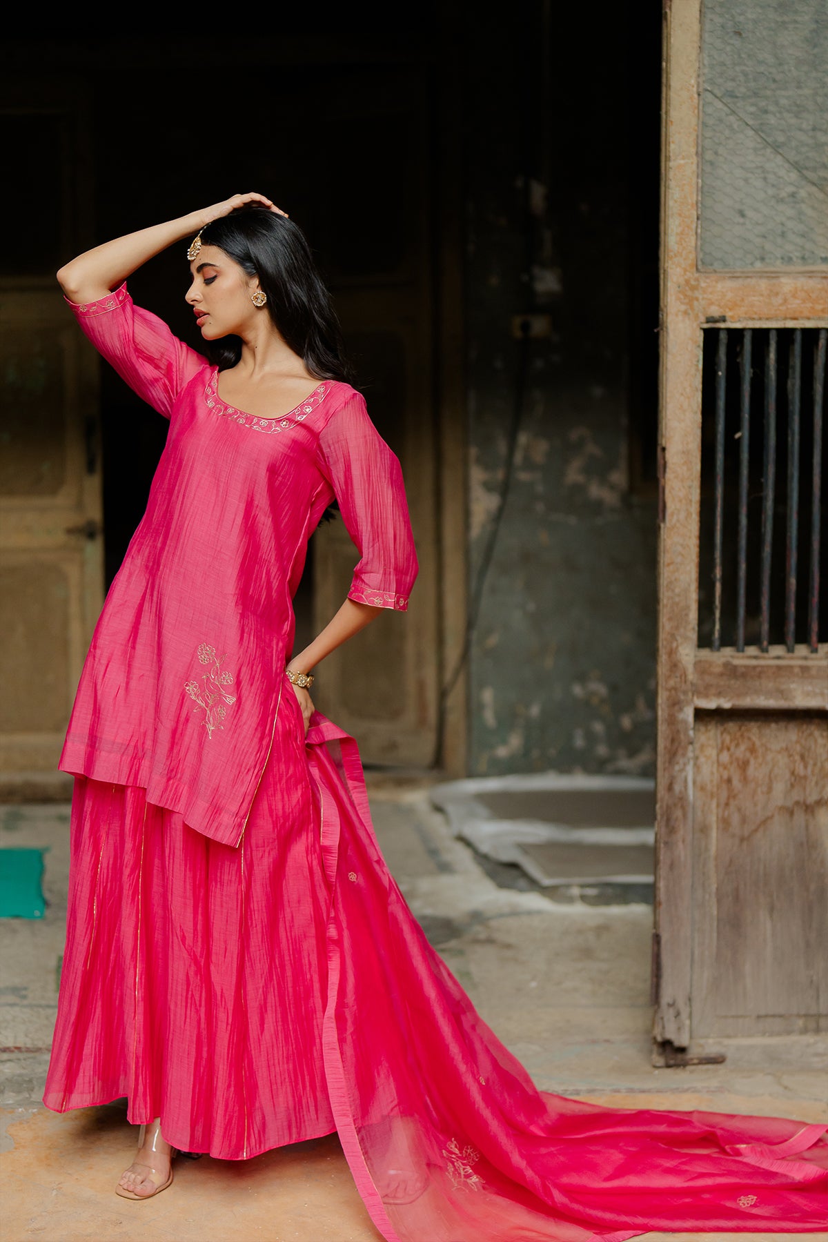 Gauraiya Chanderi Silk Kurta and Gharara Set - Pink