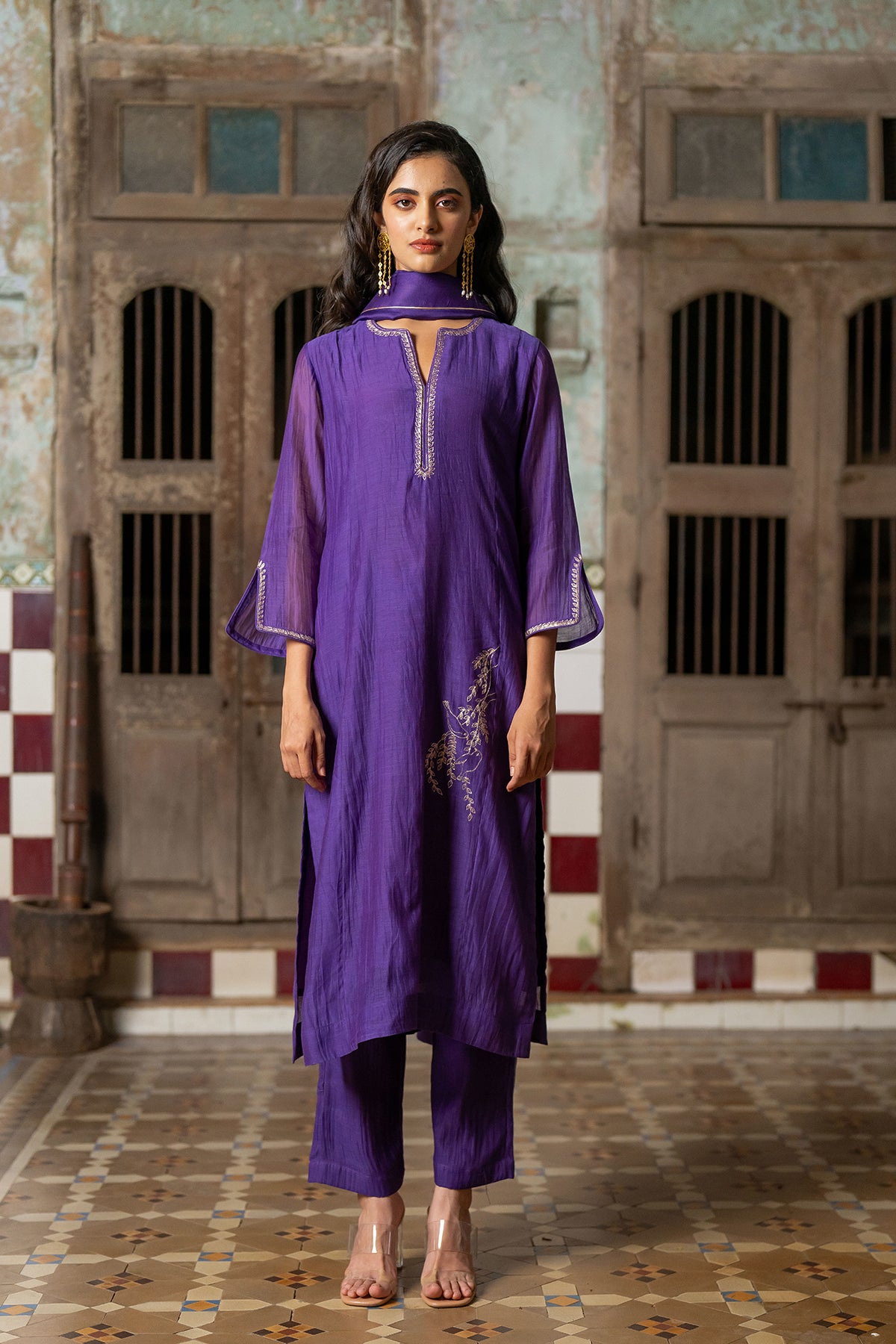 Gauraiya Chanderi Silk straight panel kurta with pants - Purple