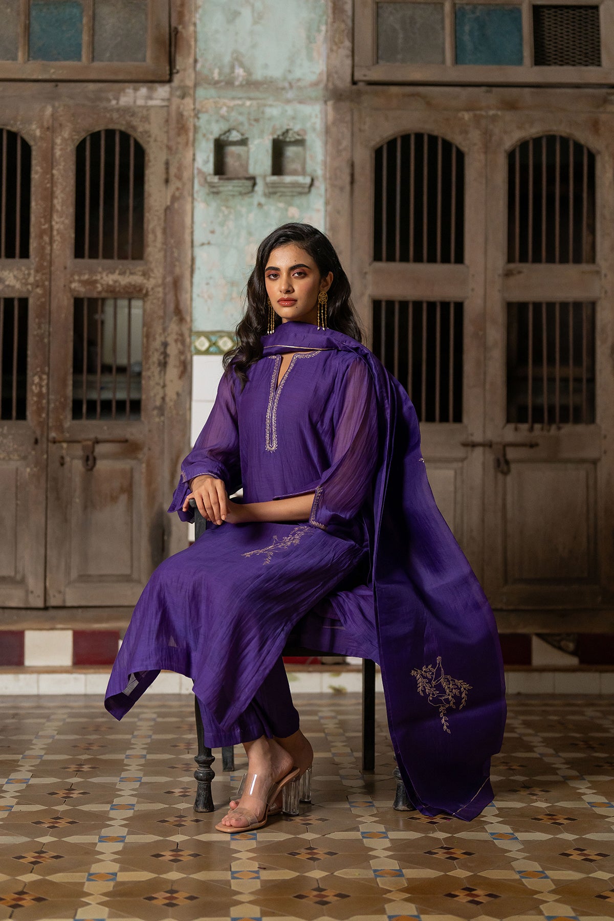 Gauraiya Chanderi Silk straight panel kurta with pants - Purple