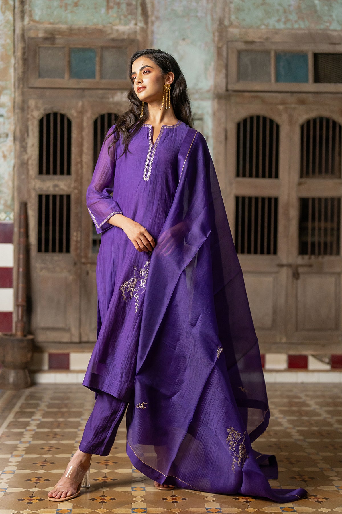 Gauraiya Chanderi Silk straight panel kurta with pants - Purple