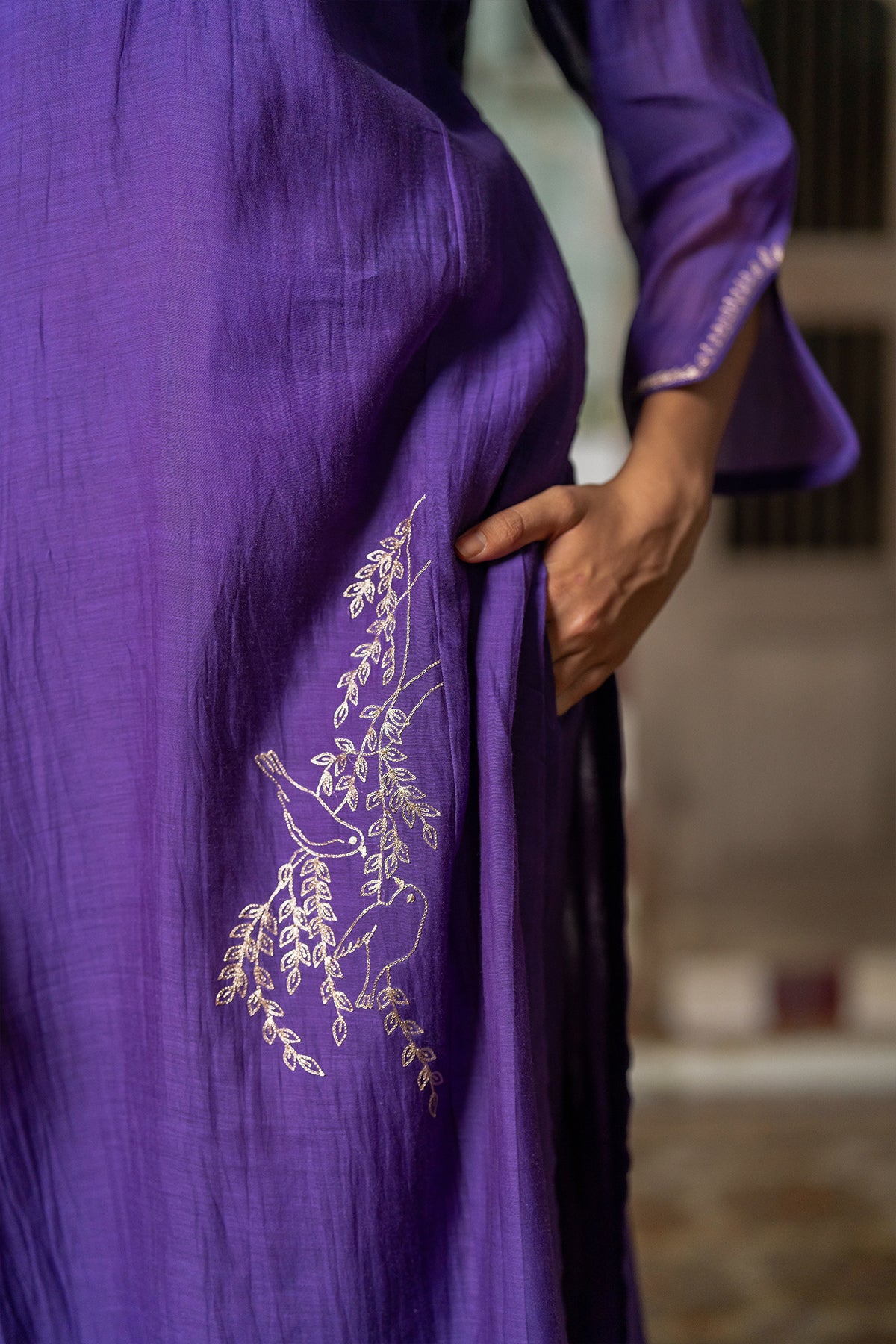 Gauraiya Chanderi Silk straight panel kurta with pants - Purple