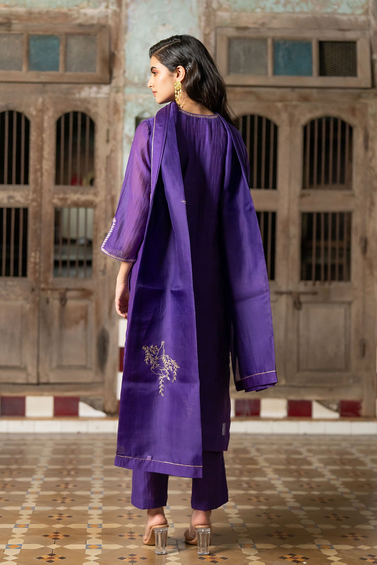 Gauraiya Chanderi Silk straight panel kurta with pants - Purple