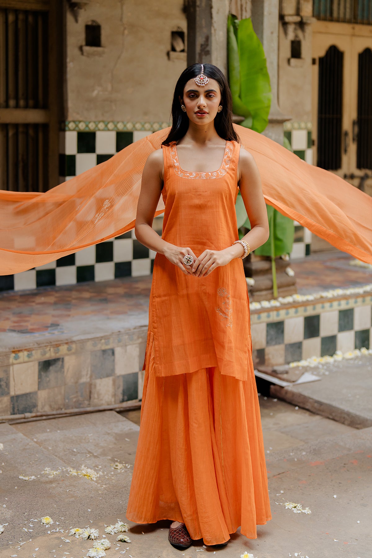 "Genda Phool Chanderi Silk short kurta with gharara - Orange "