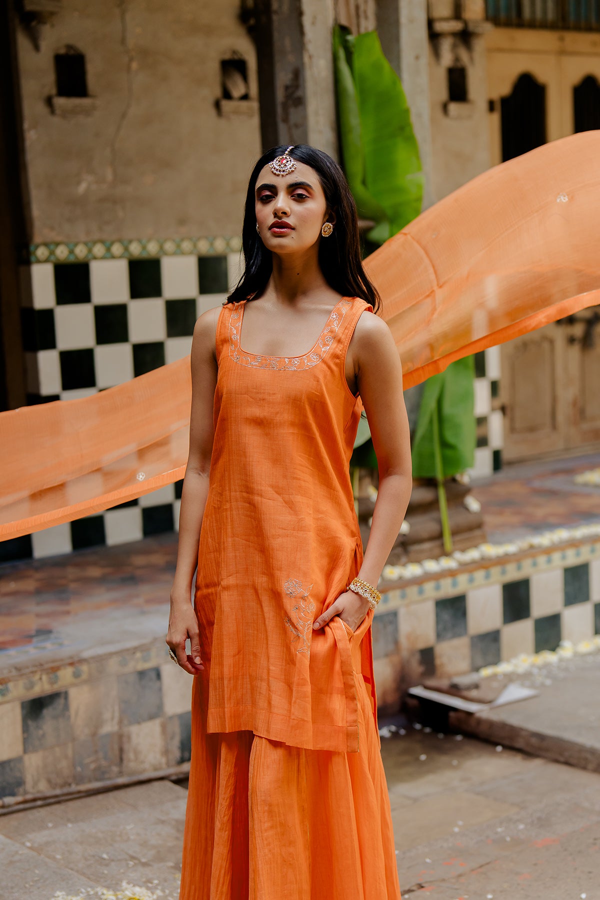 "Genda Phool Chanderi Silk short kurta with gharara - Orange "