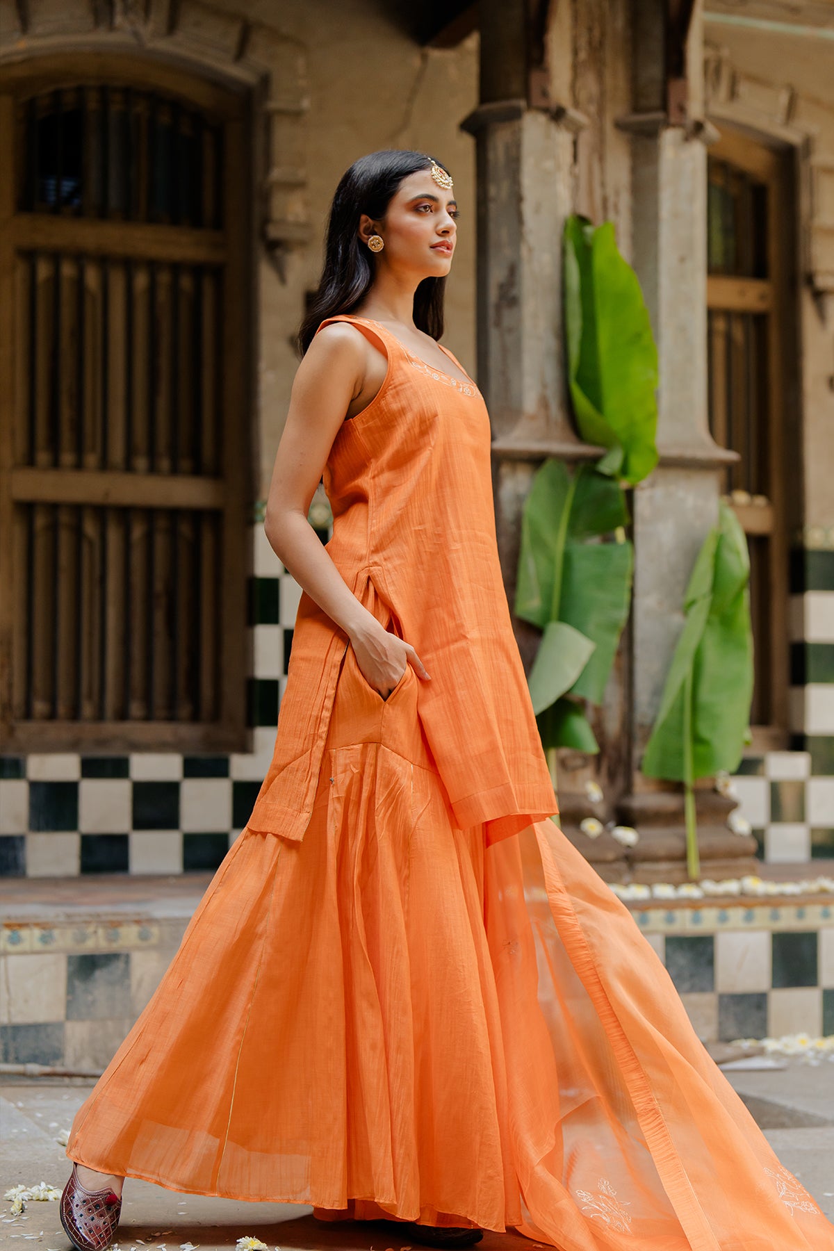 "Genda Phool Chanderi Silk short kurta with gharara - Orange "