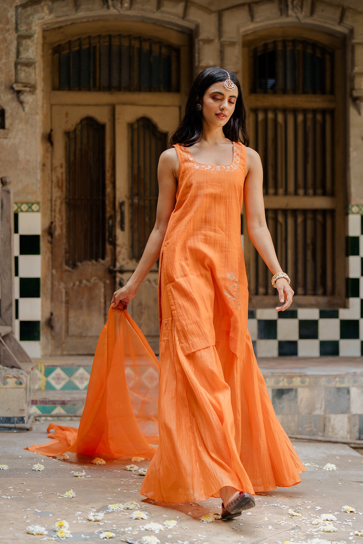 "Genda Phool Chanderi Silk short kurta with gharara - Orange "