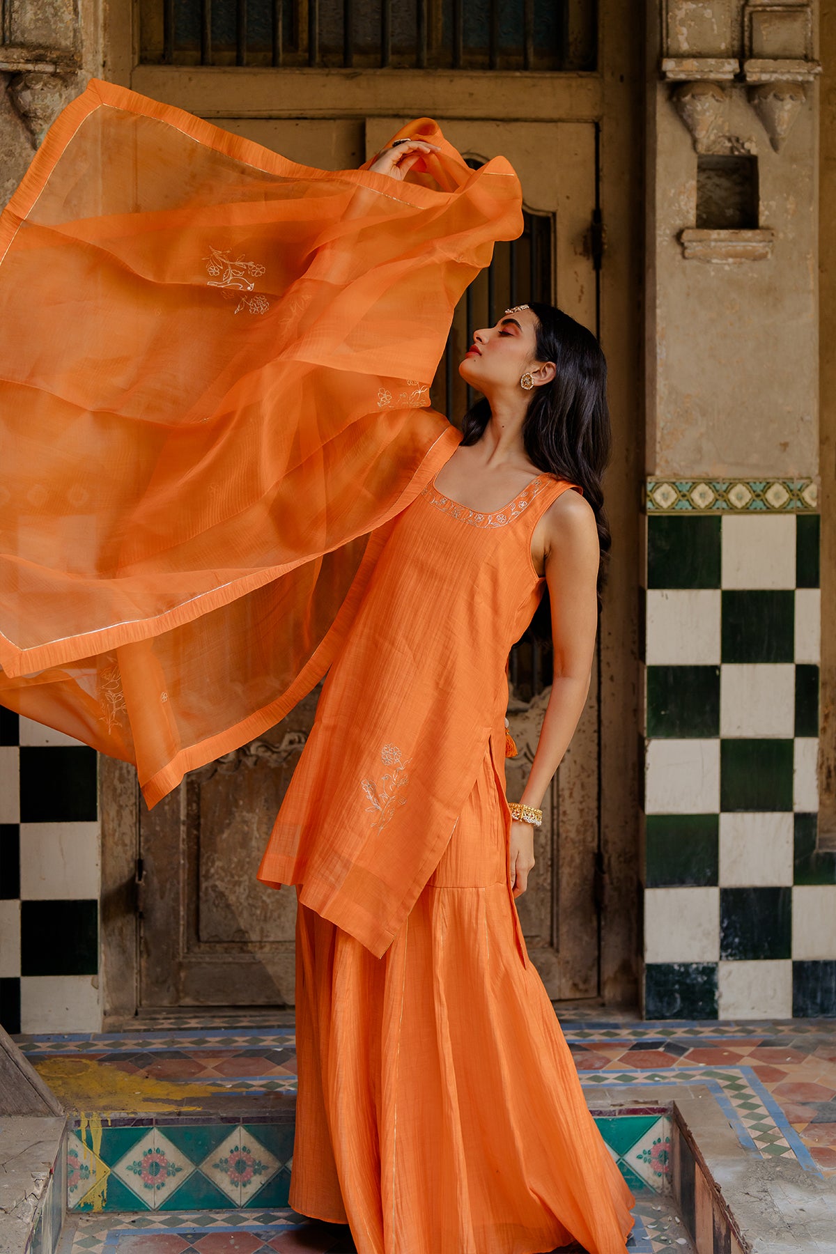 "Genda Phool Chanderi Silk short kurta with gharara - Orange "