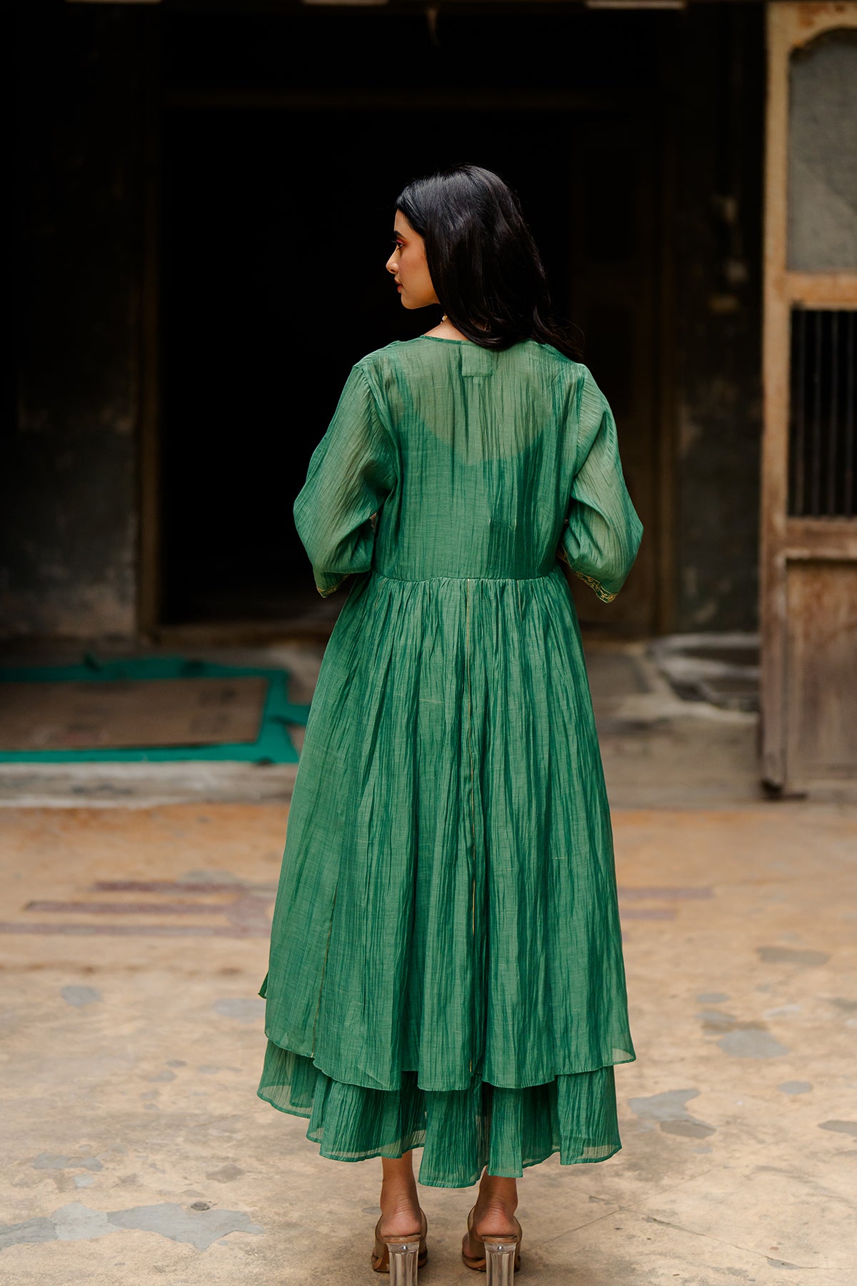 Gudhal Chanderi Silk Kali Jacket- Green