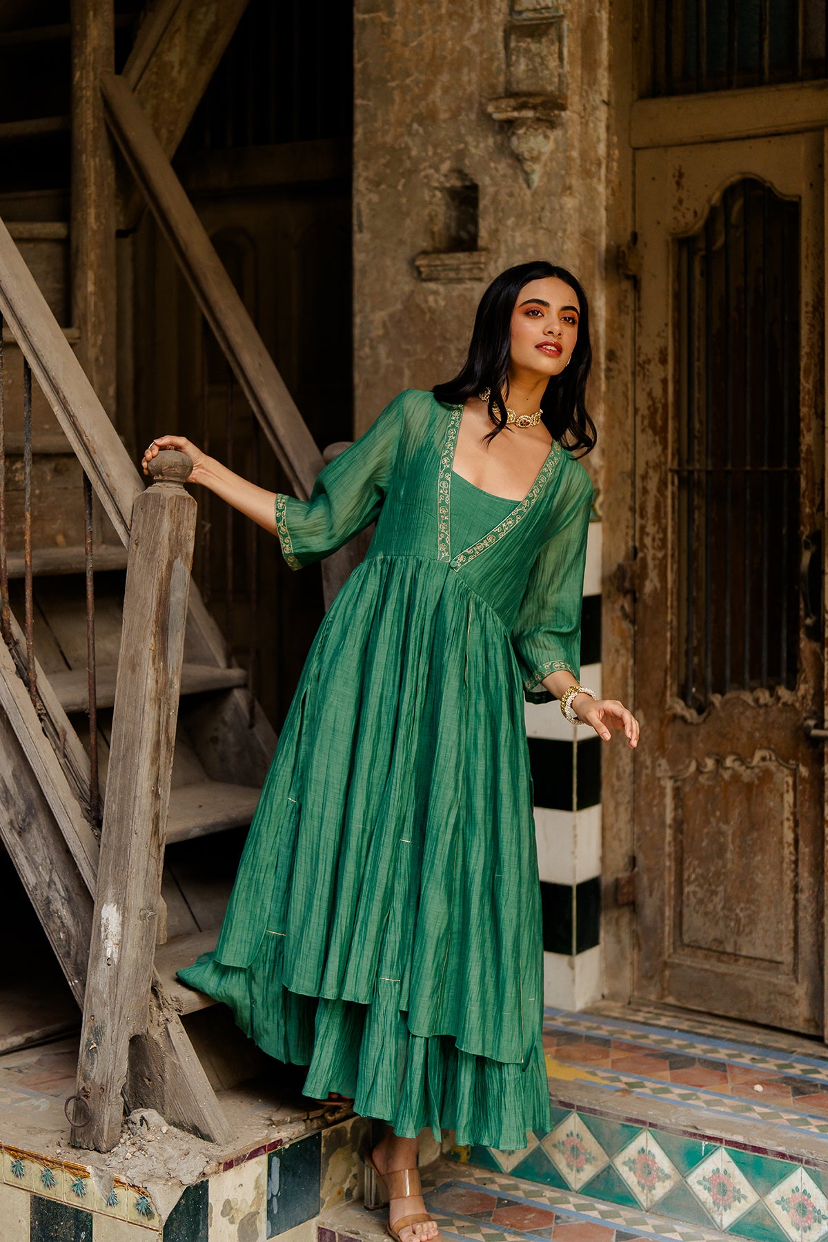 Gudhal Chanderi Silk Kali Jacket- Green