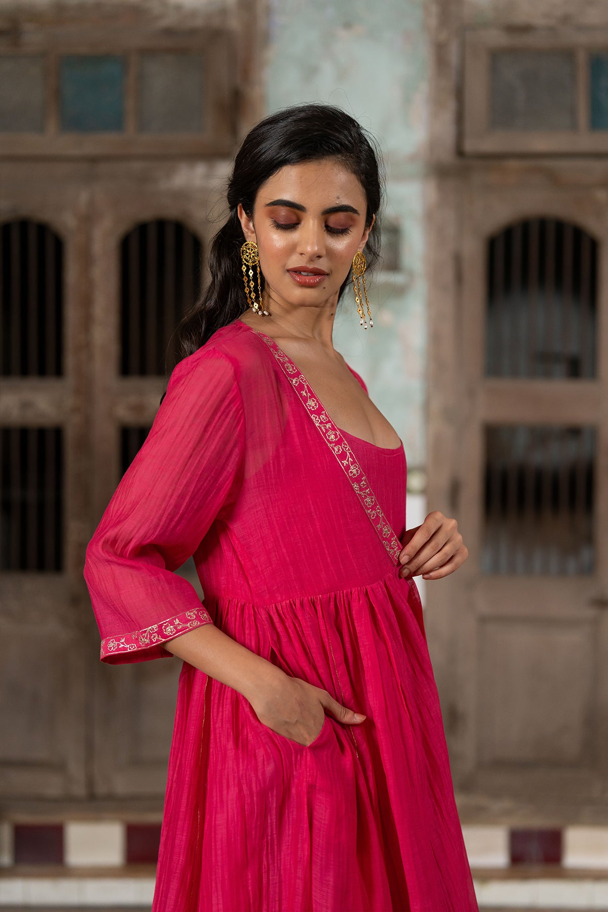 Gudhal Chanderi Silk Kali Jacket- Pink