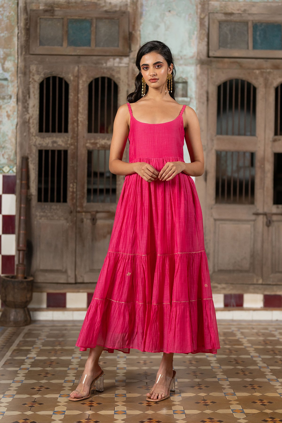 Gudhal Chanderi Silk Multi-Tier Dress - Pink