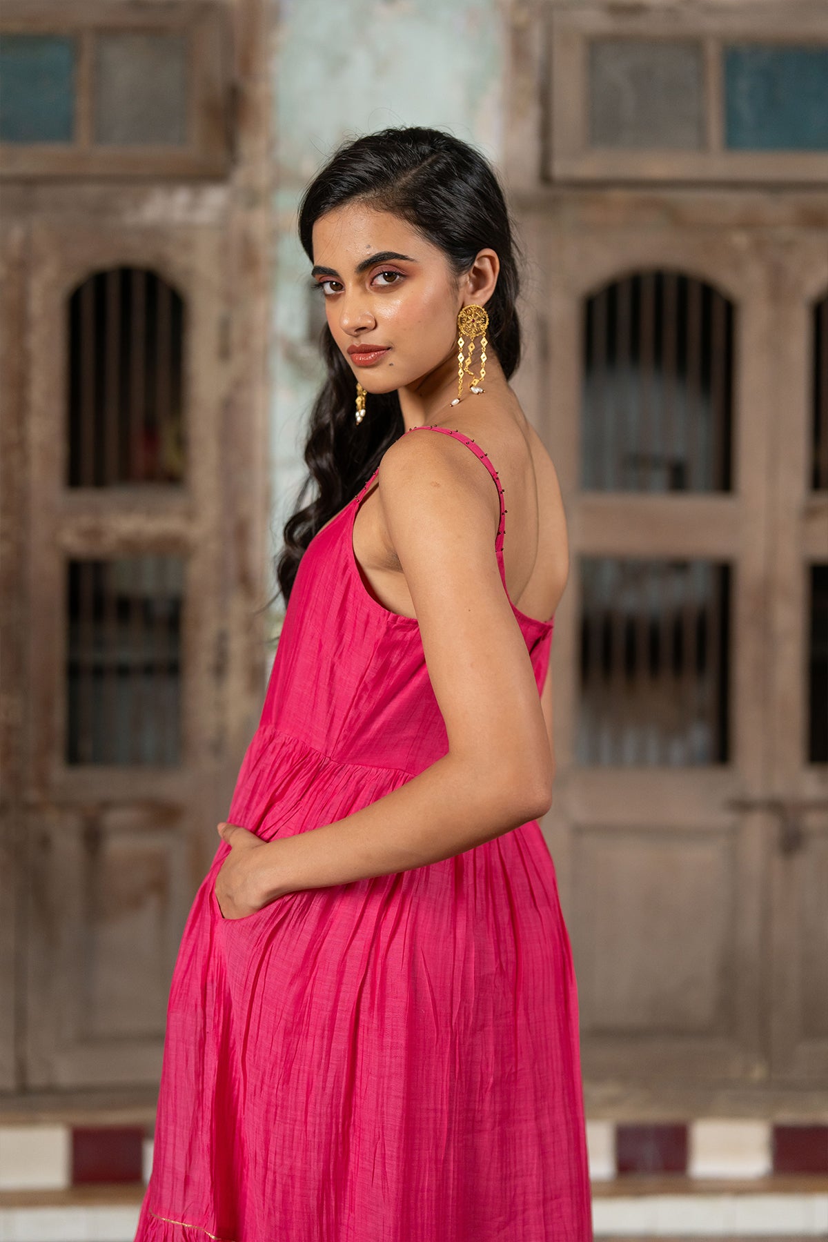 Gudhal Chanderi Silk Multi-Tier Dress - Pink