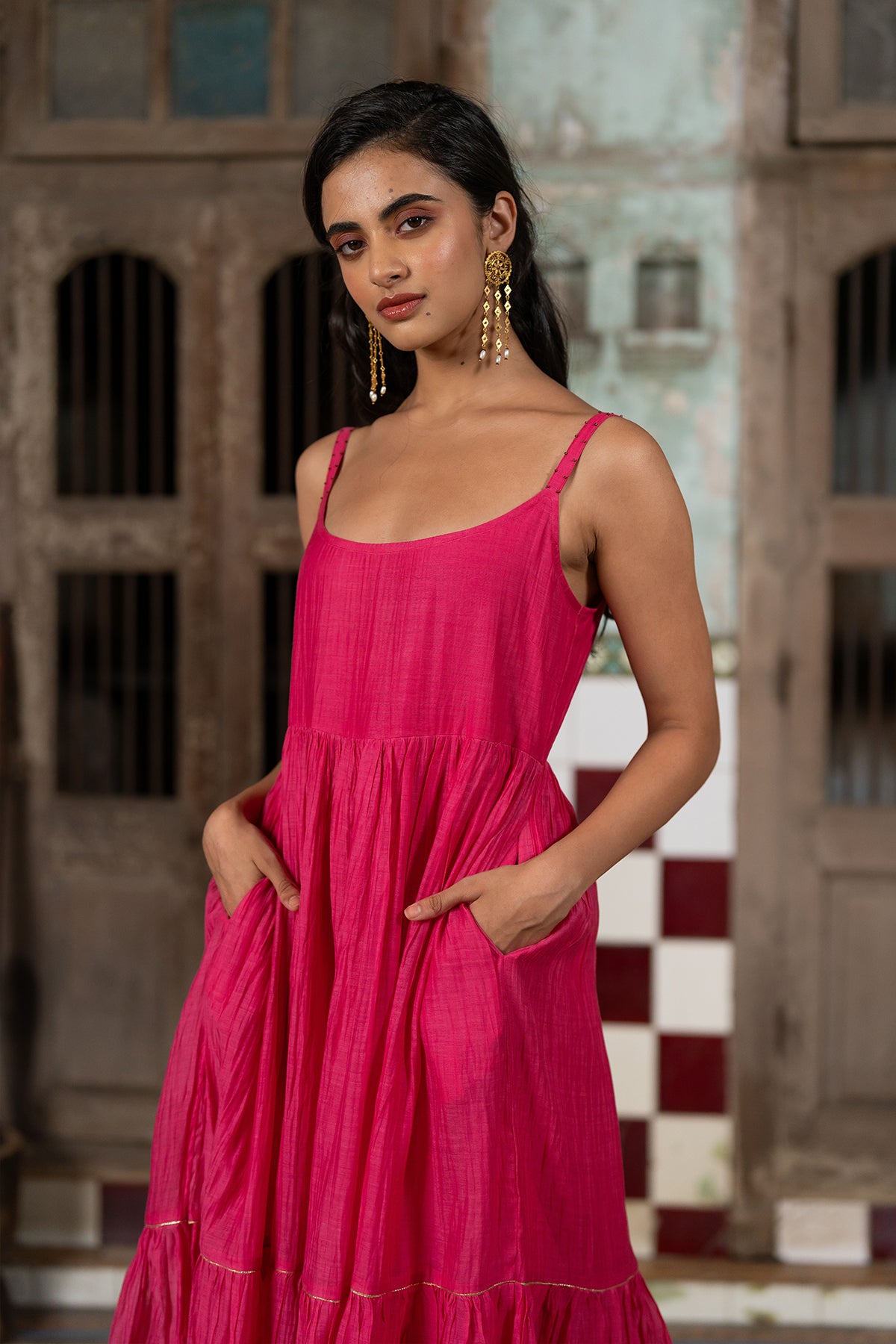 Gudhal Chanderi Silk Multi-Tier Dress - Pink