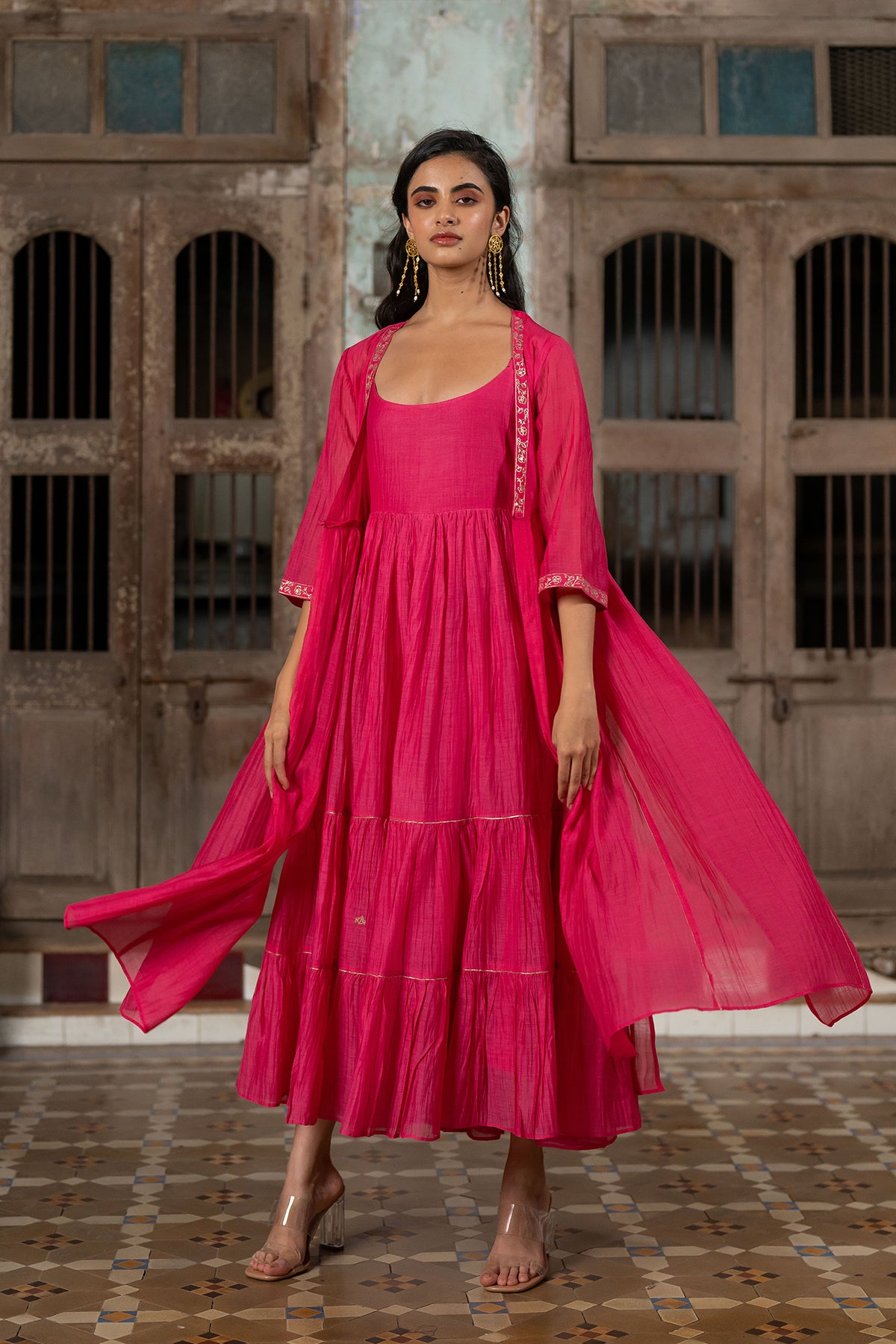 Gudhal Chanderi Silk Multi-Tier Dress - Pink