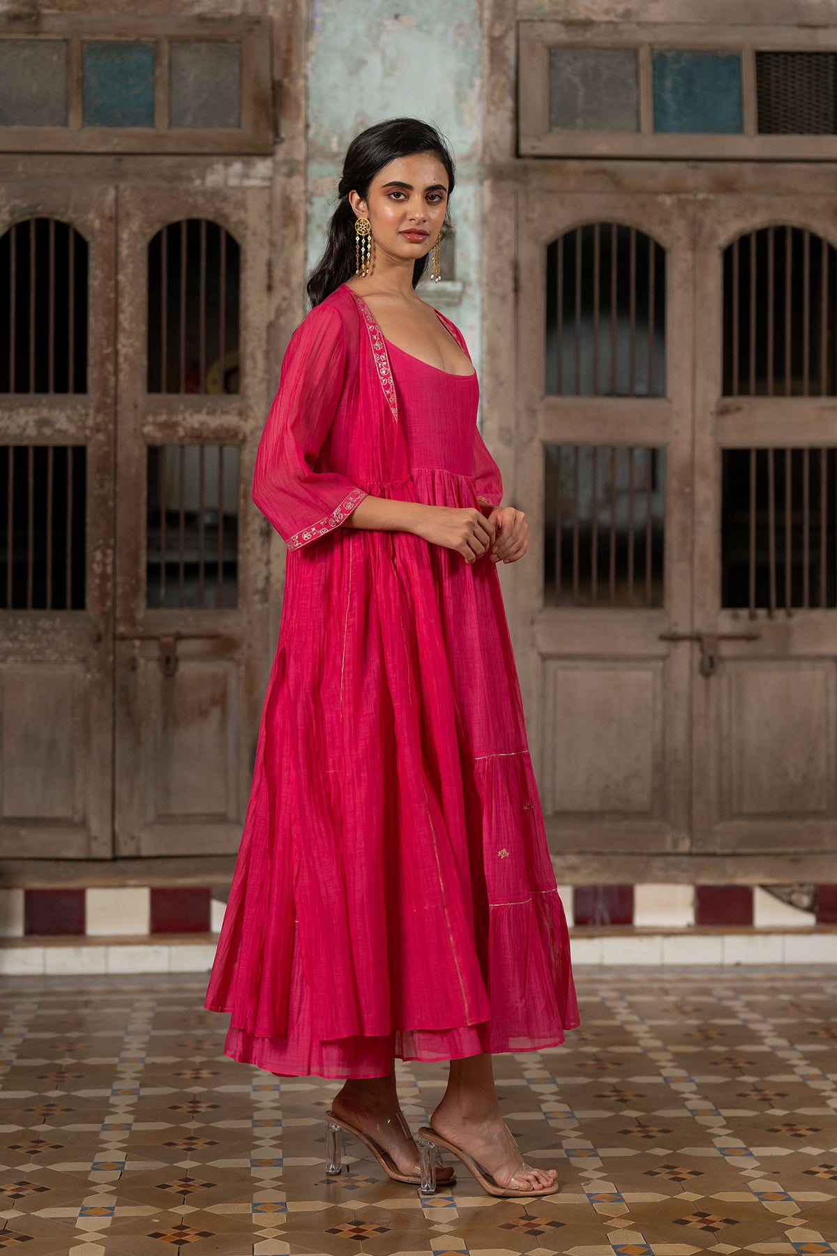 Gudhal Chanderi Silk Multi-Tier Dress - Pink