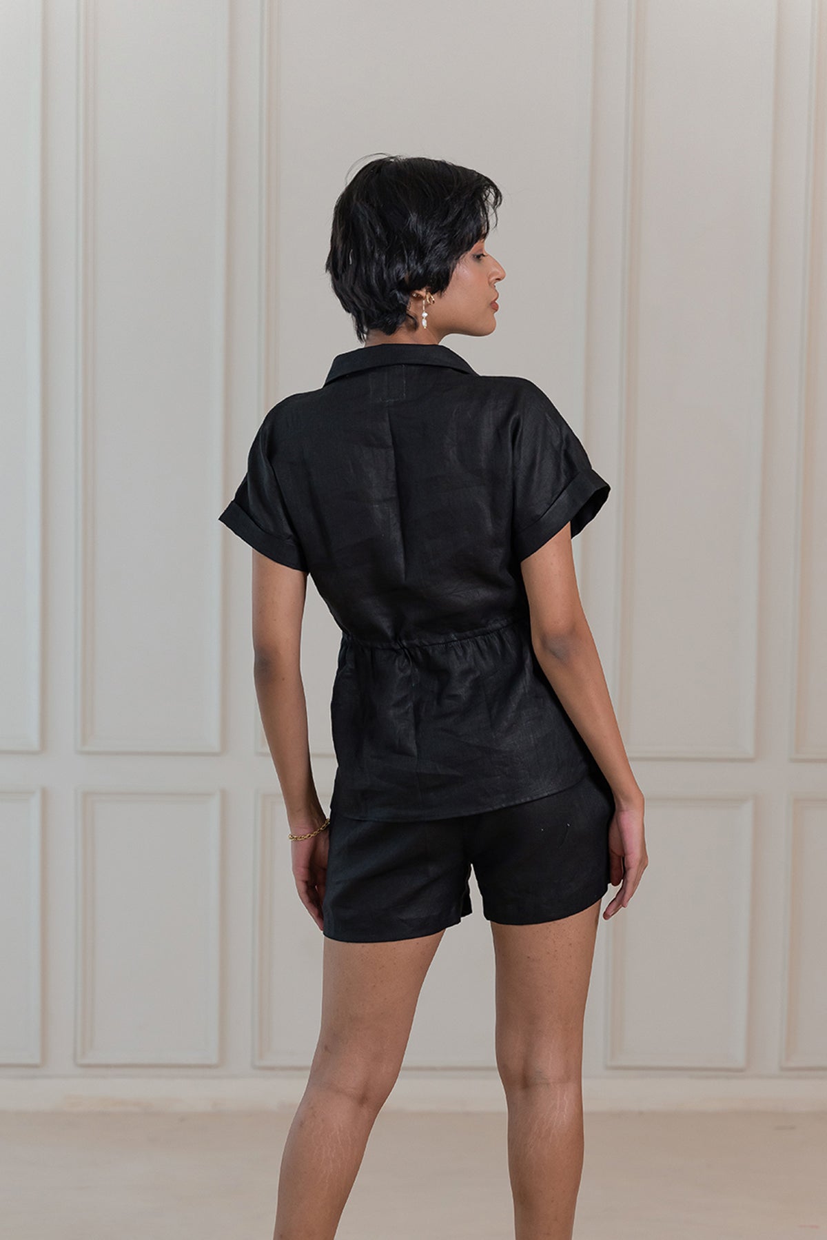 Heather Linen Drawstring Top - Black