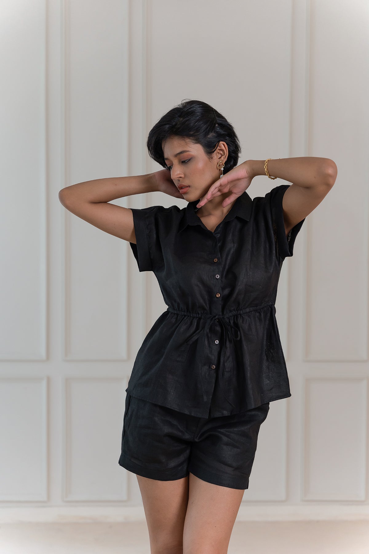 Heather Linen Drawstring Top - Black