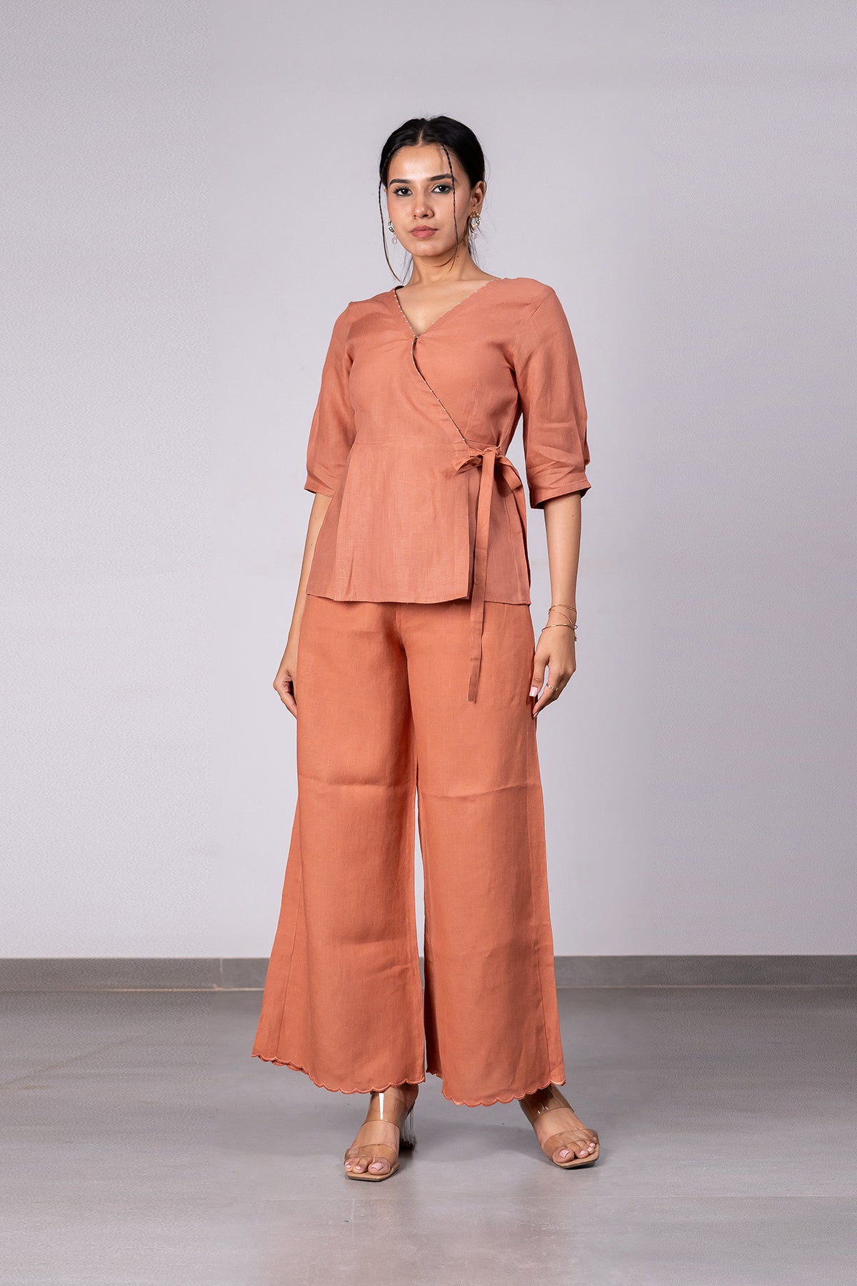 Hannah Linen Wrap Top – Sand Brown