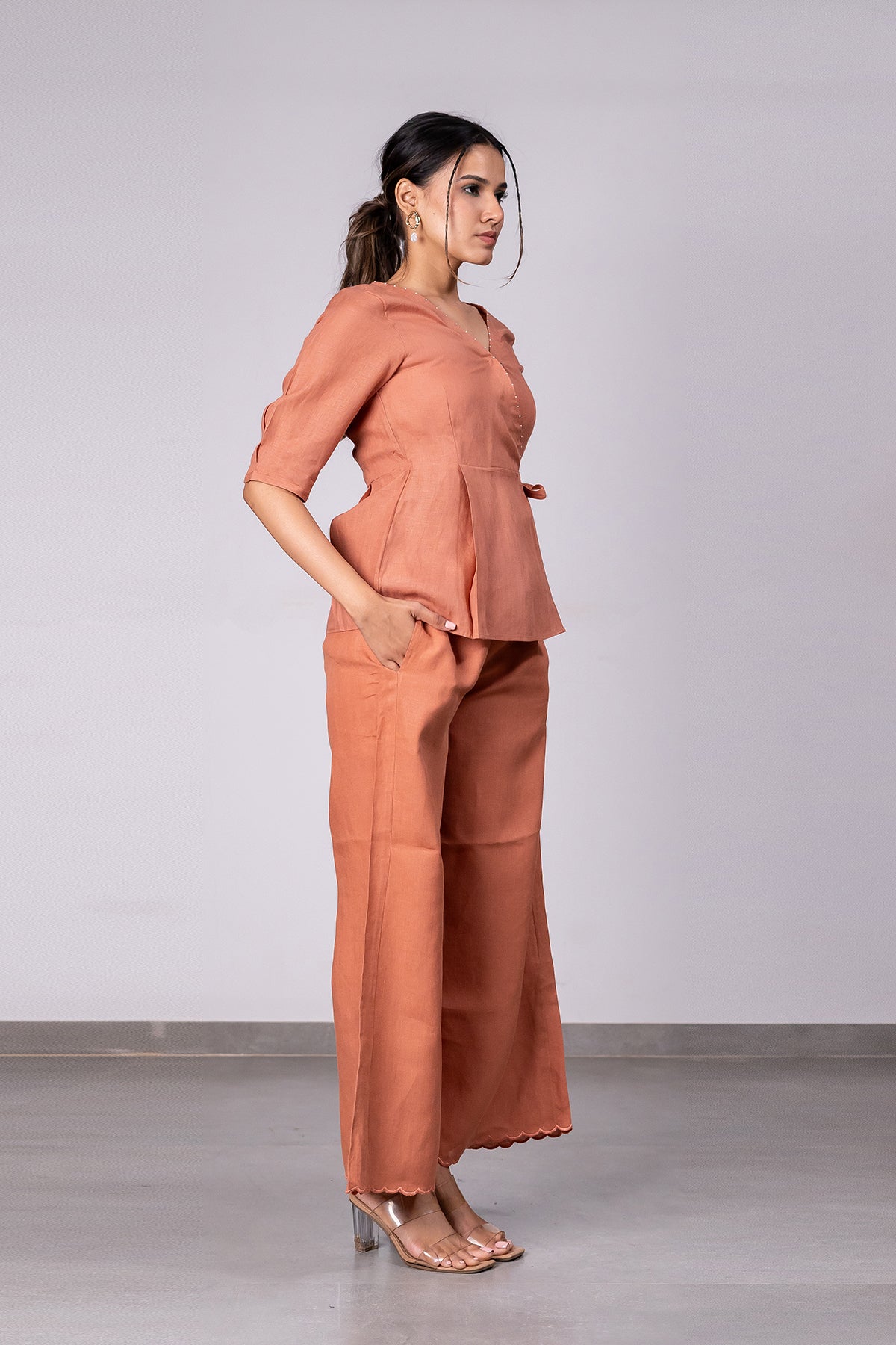 Hannah Linen Wrap Top – Sand Brown