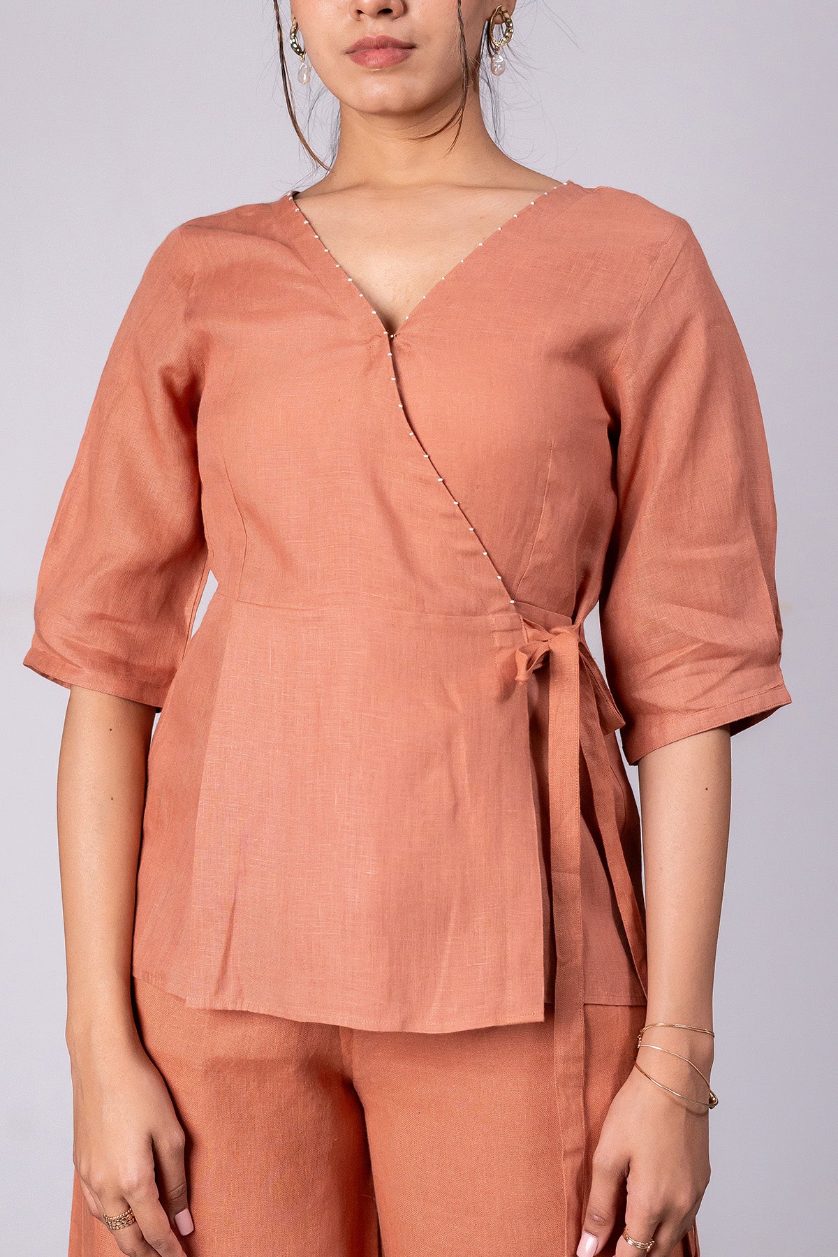 Hannah Linen Wrap Top – Sand Brown