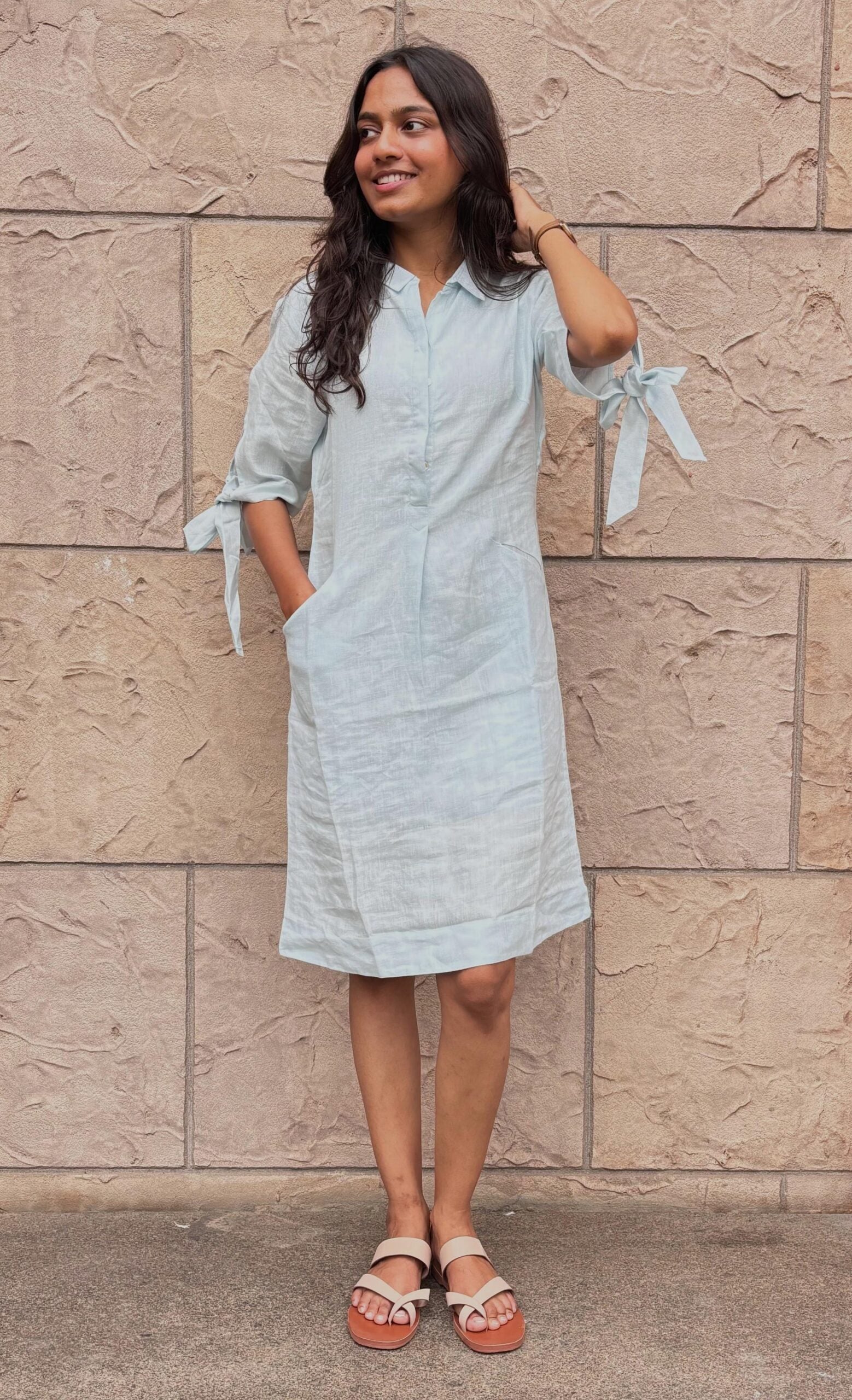 Linen Sleeve Knot Dress - Sky Blue