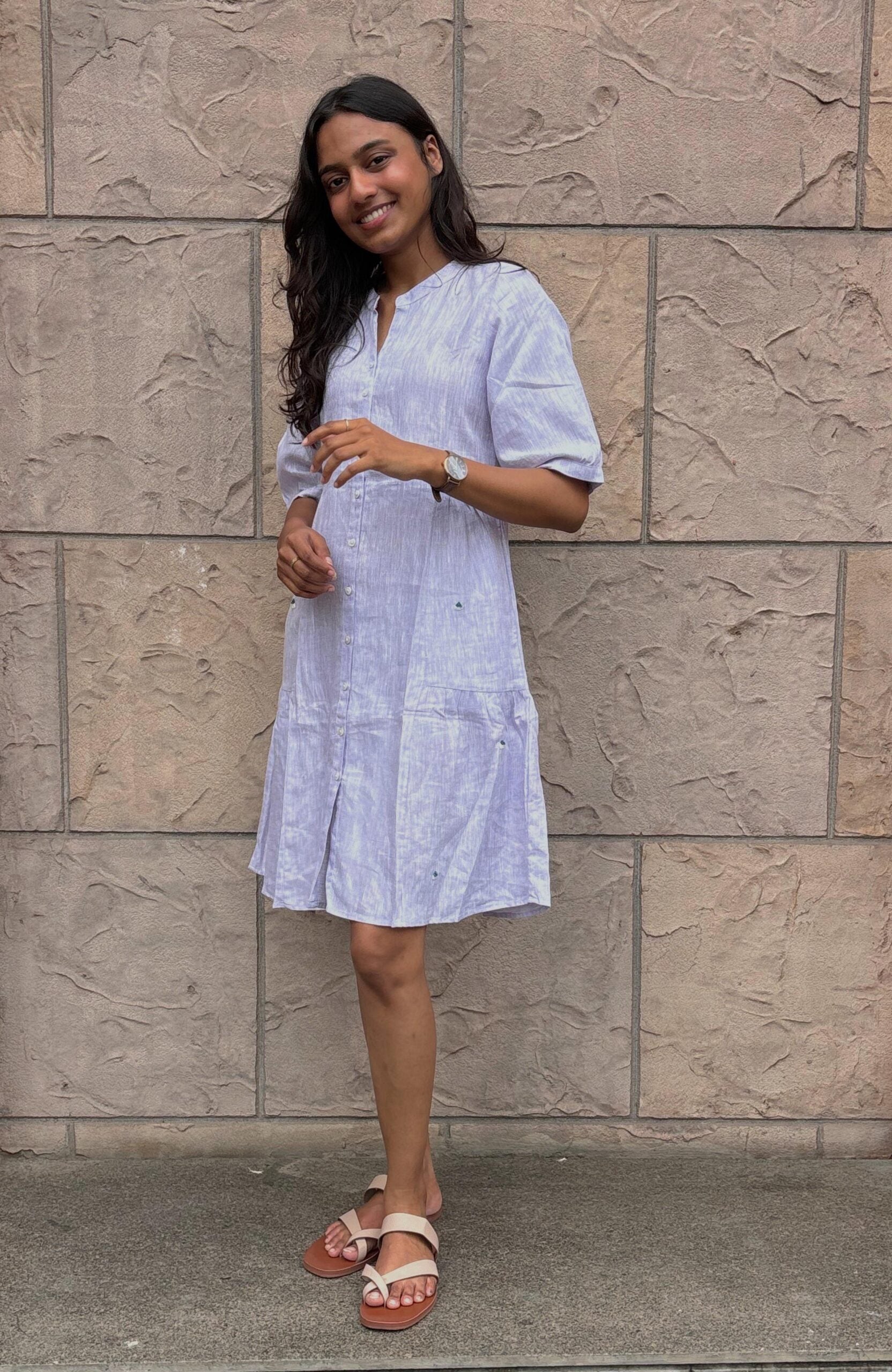 Linen Short Side Gather Dress - Light Purple