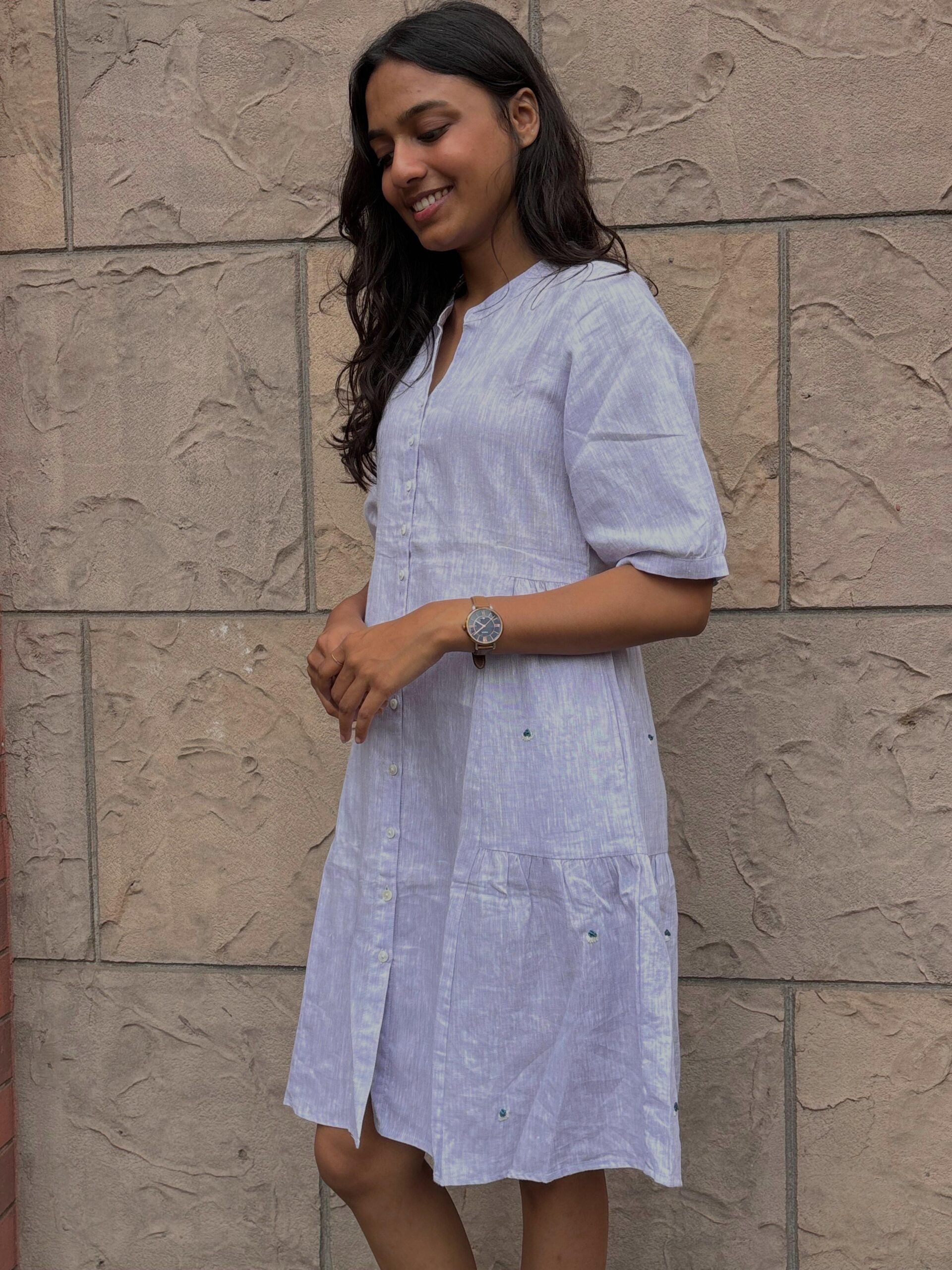 Linen Short Side Gather Dress - Light Purple